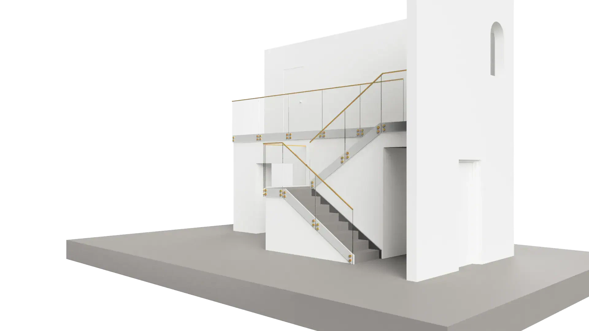 Elegant glass staircase with wooden handrails and sturdy metal fittings in modern interior design.