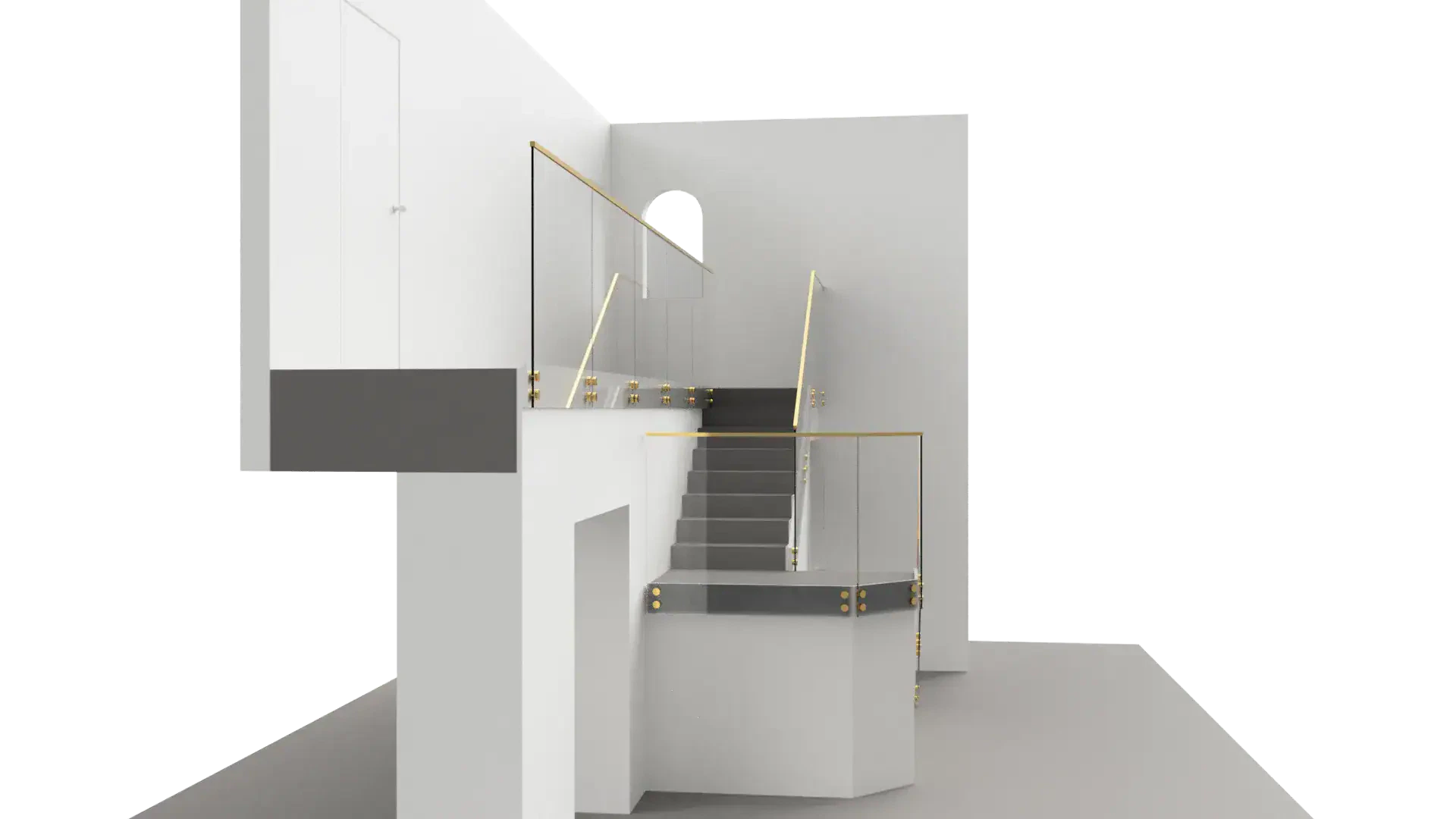 Modern glass staircase with sleek gold accents and safety railings in stylish interior.