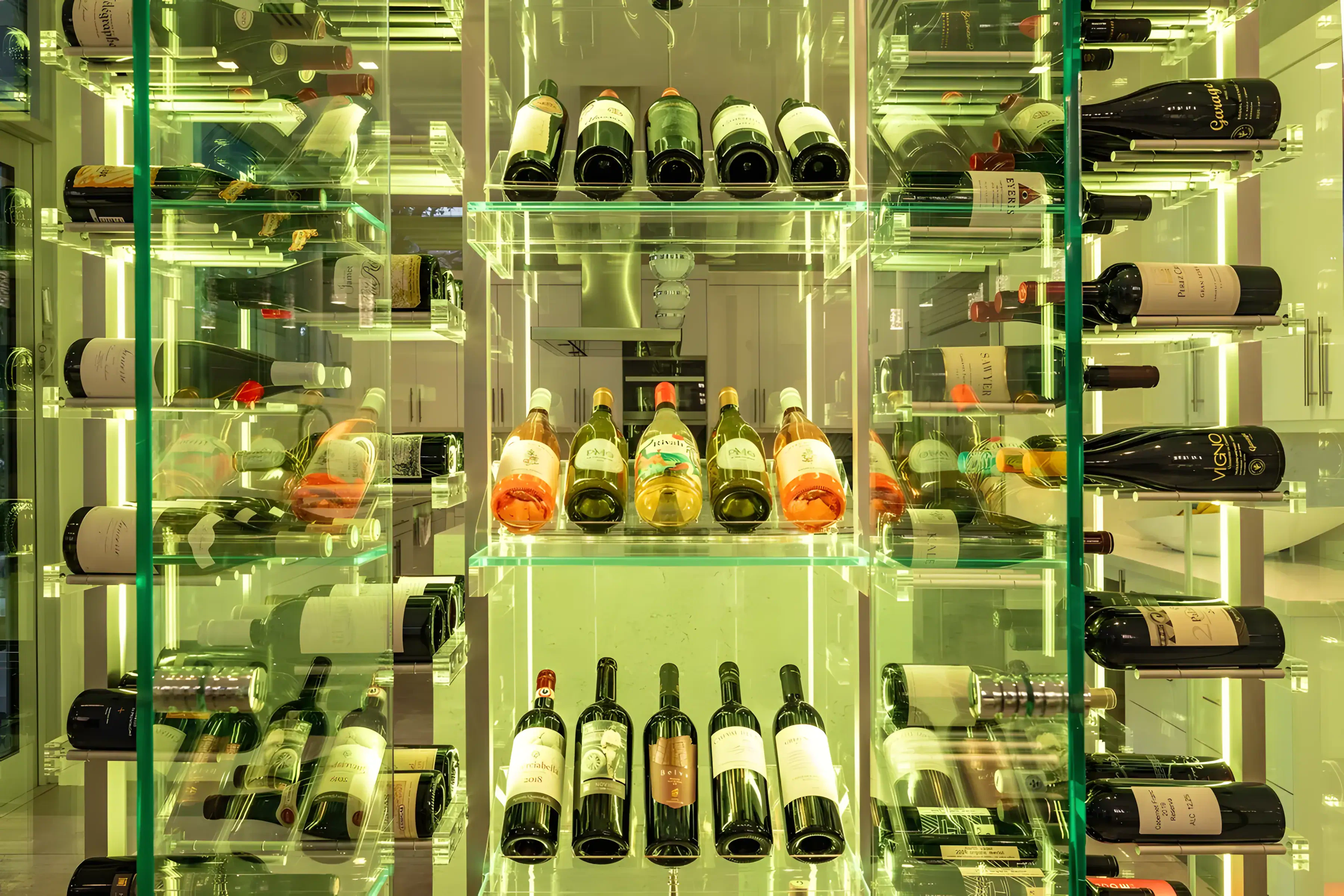 Luxurious wine storage with glass and mirror shelves showcasing a premium bottle collection.