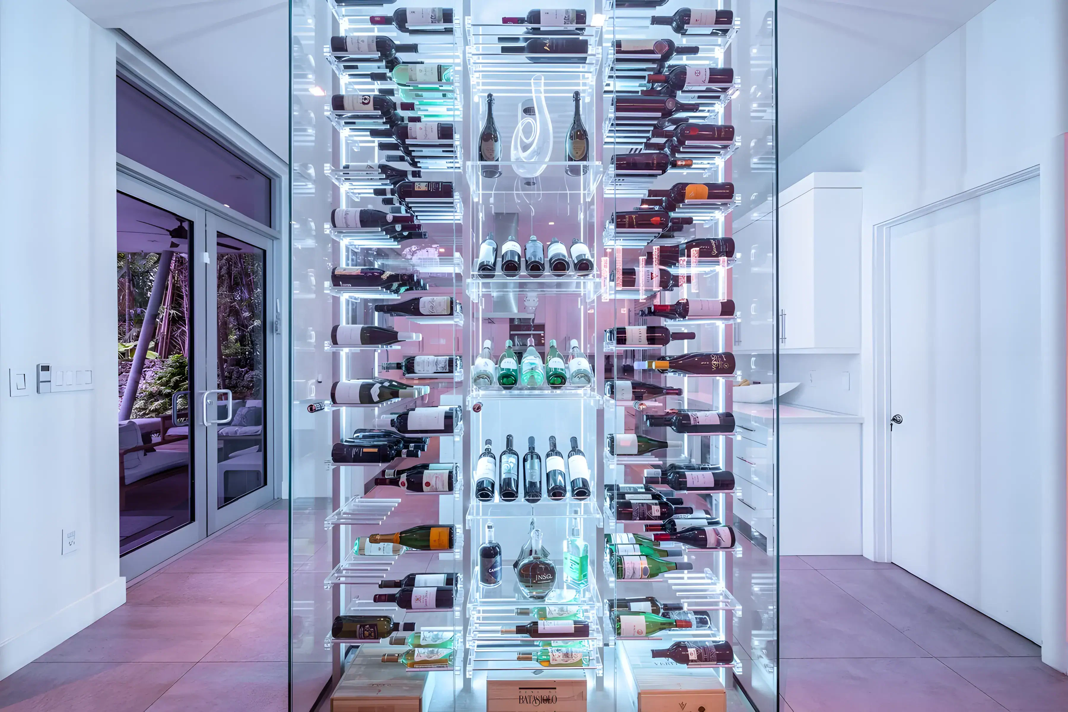 Elegant glass and mirror wine storage showcasing modern design and LED lighting. Perfect for luxury wine cellars.