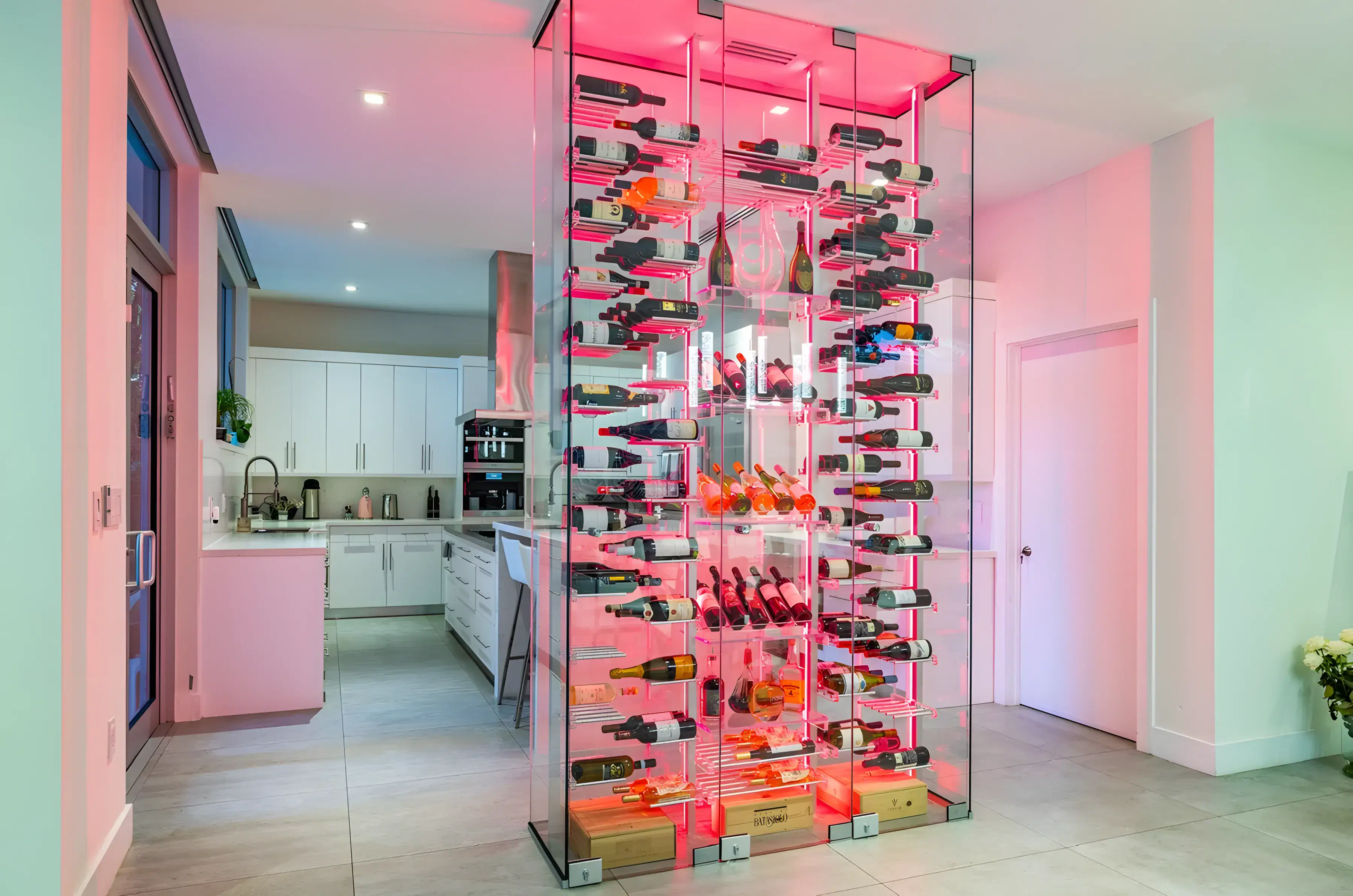 Illuminated wine display with glass doors and LED lighting for elegant presentation.