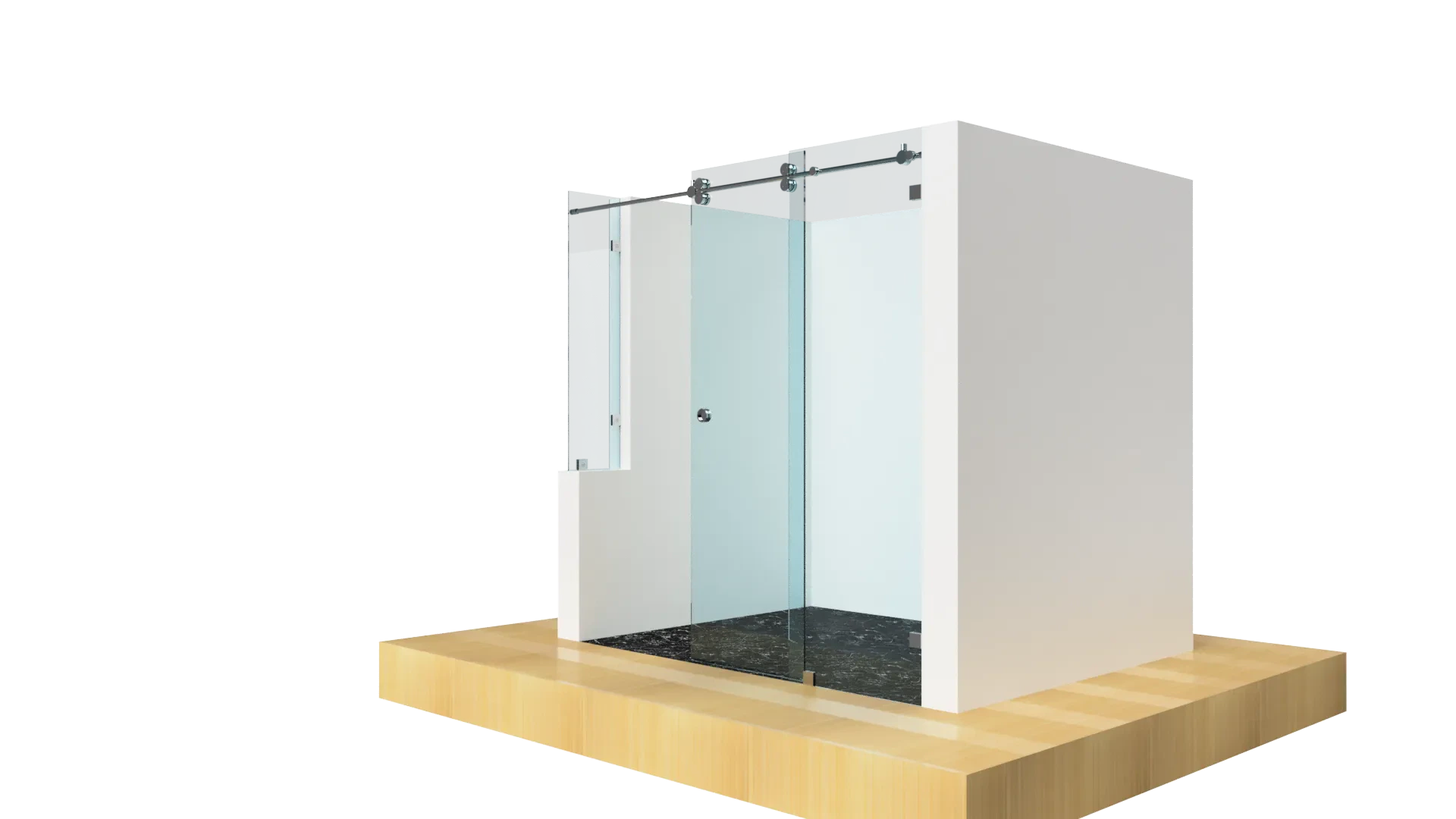 Alt text: Modern glass shower cabin with transparent panels and stainless steel hardware.