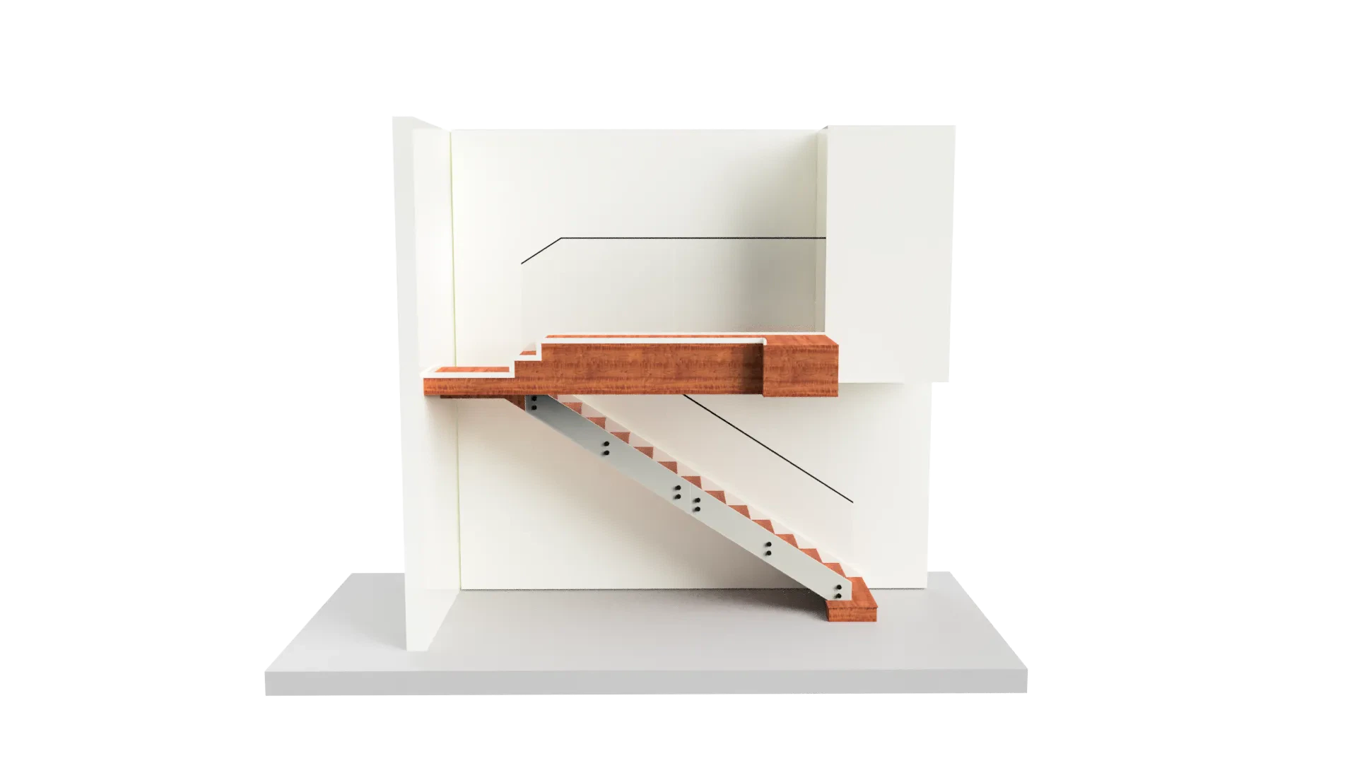 Detailed model of glass staircase with wooden steps and metal frame, ideal for modern home or commercial space design.