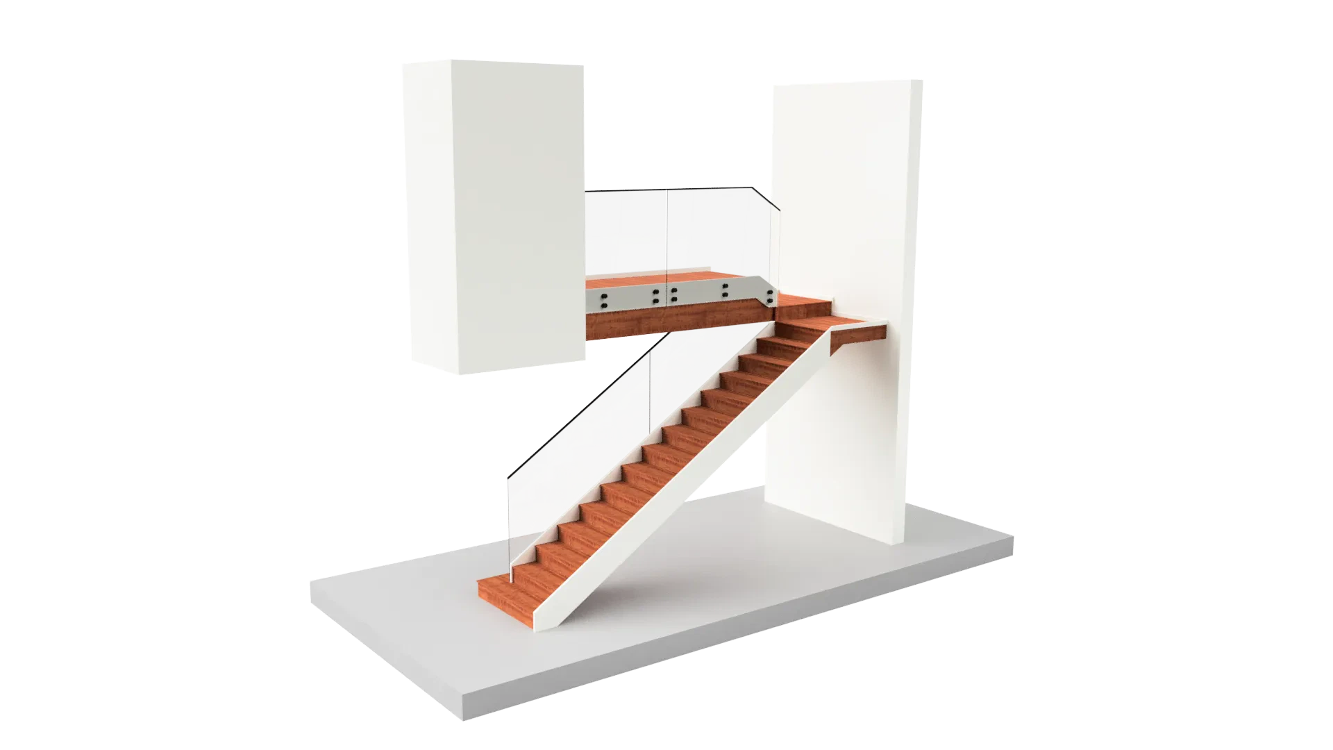 Elegant glass staircase with wooden steps and safety rail for interior design.