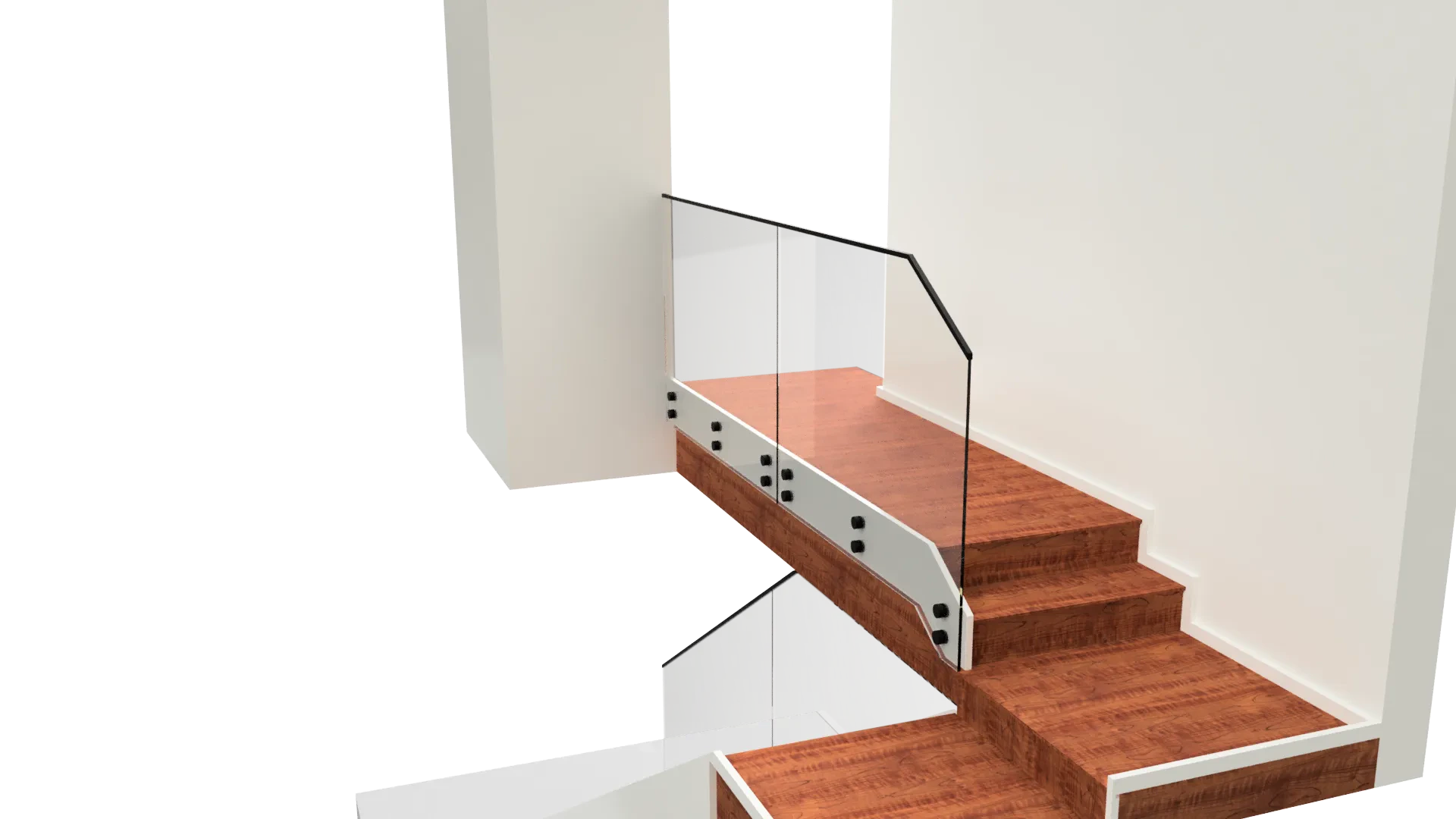 High-quality glass and wood staircase with modern glass railing, perfect for homes and commercial interiors.