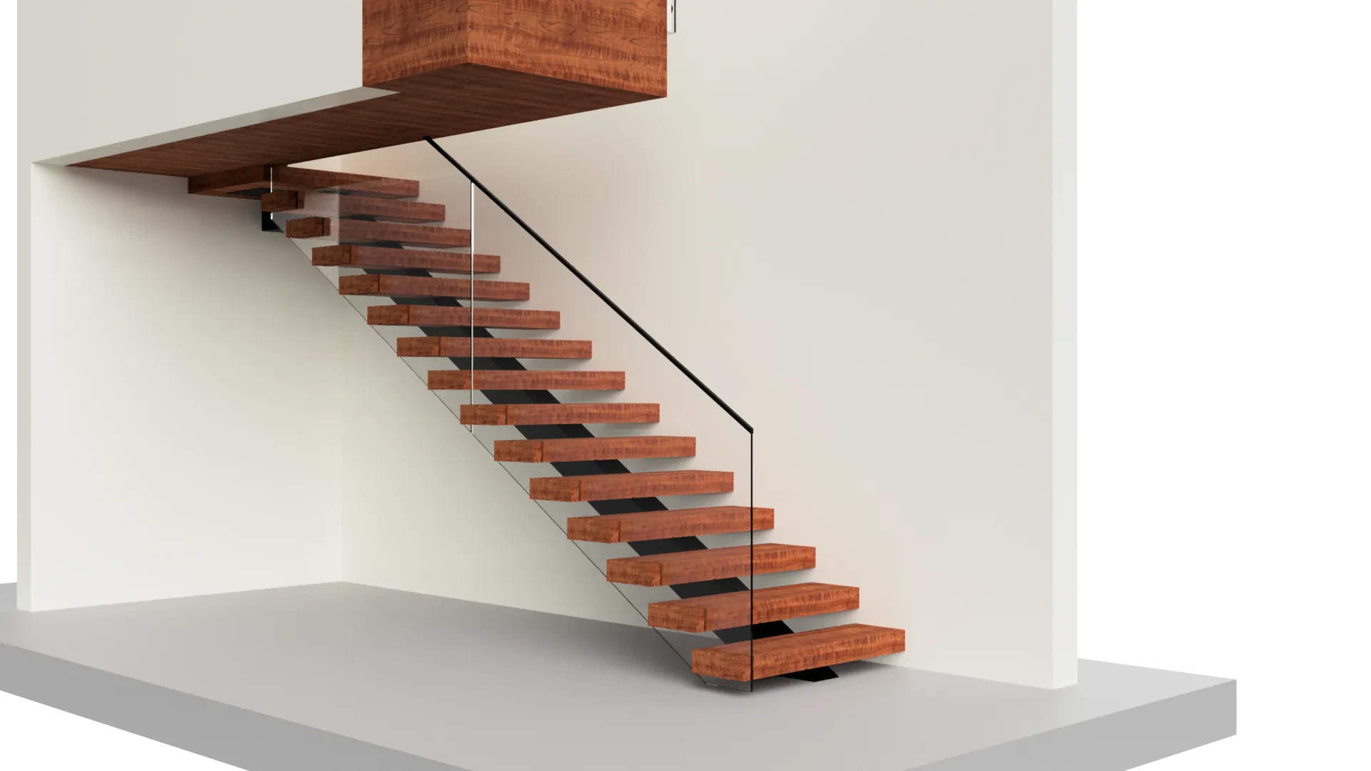 Stunning wooden staircase with glass features and floating steps for contemporary interiors.