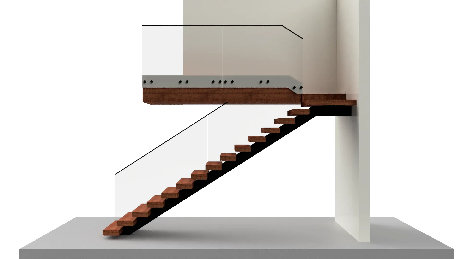 Modern glass staircase with wooden steps and sleek glass railing design.