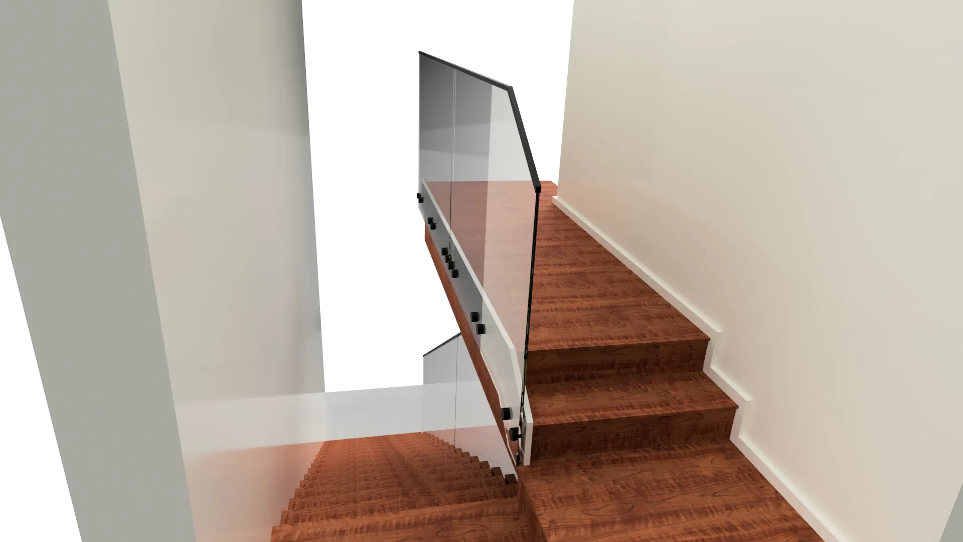Elegant glass and wooden staircase railing for homes and offices.
