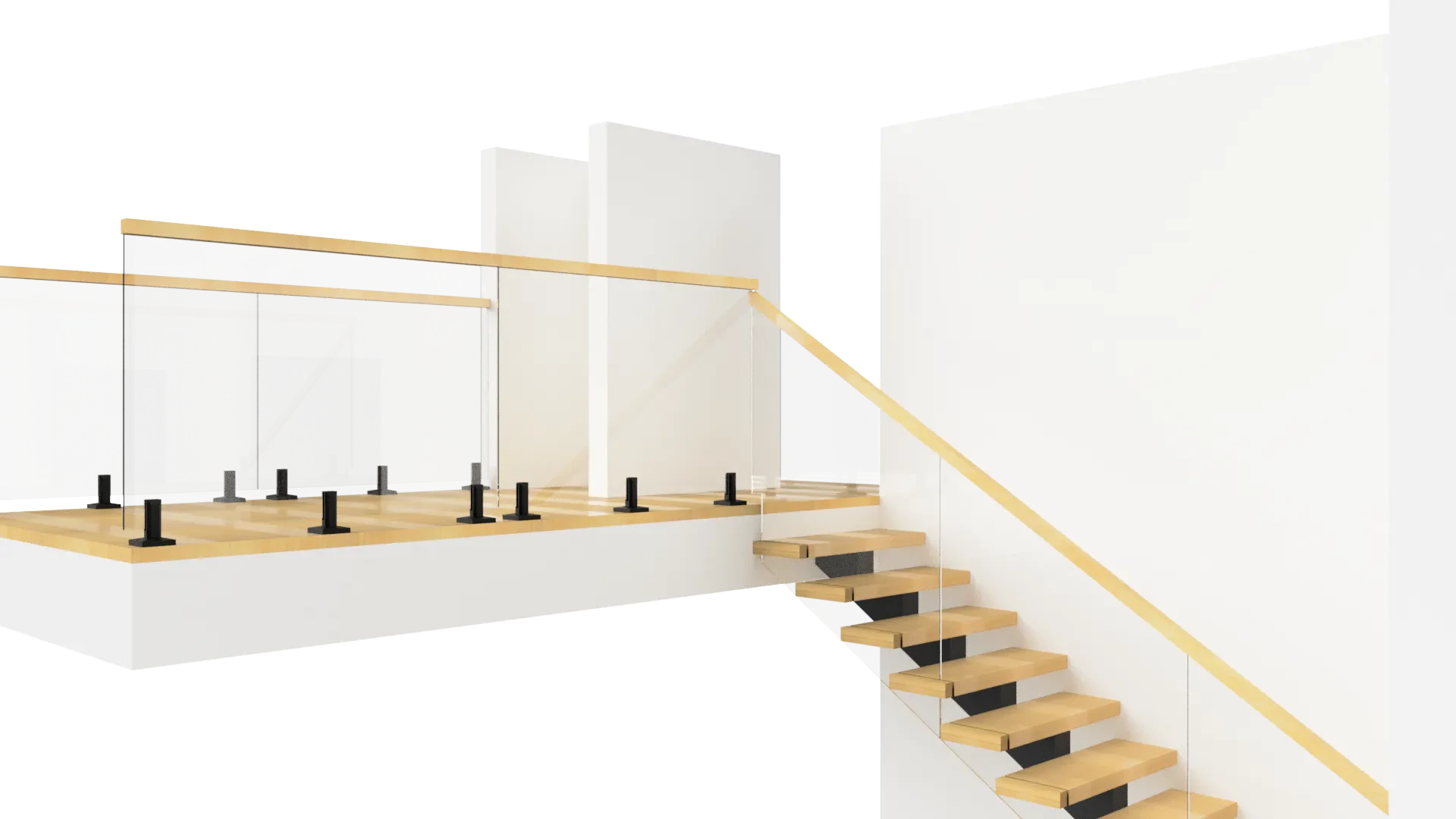 Modern glass staircase railing with safety panels and wooden accents.