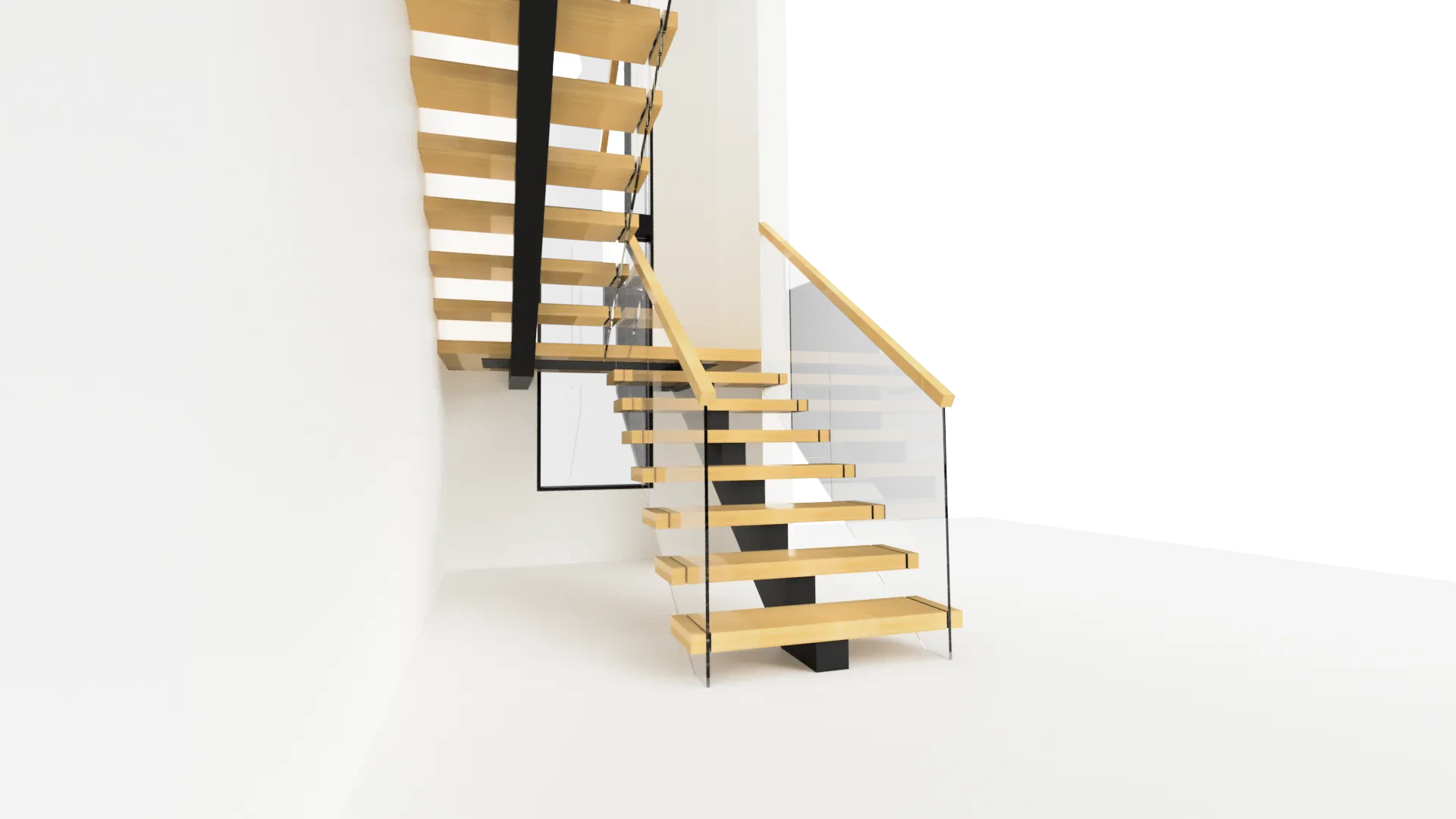 Modern glass staircase with wooden steps and sleek black metal handrail.