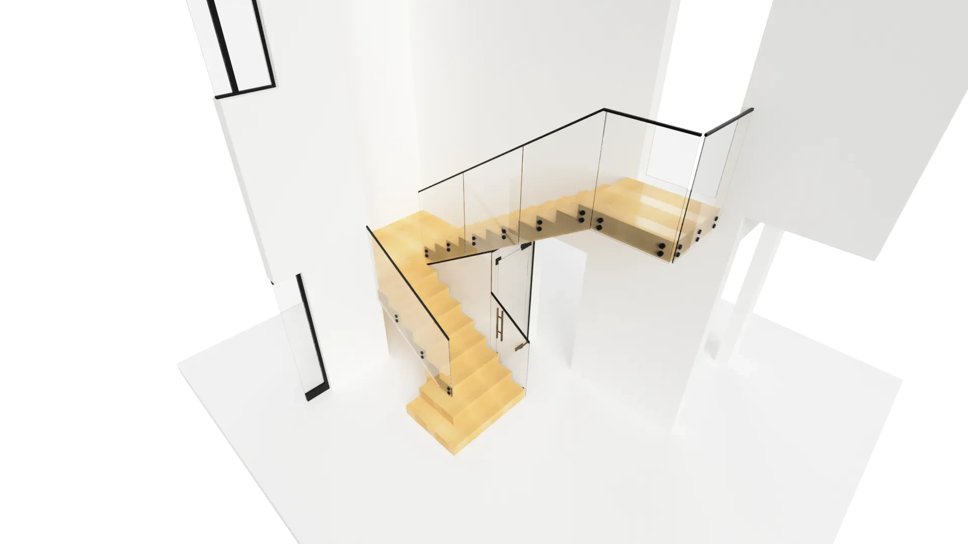Modern glass staircase with wooden steps and sleek glass railing in contemporary home interior.