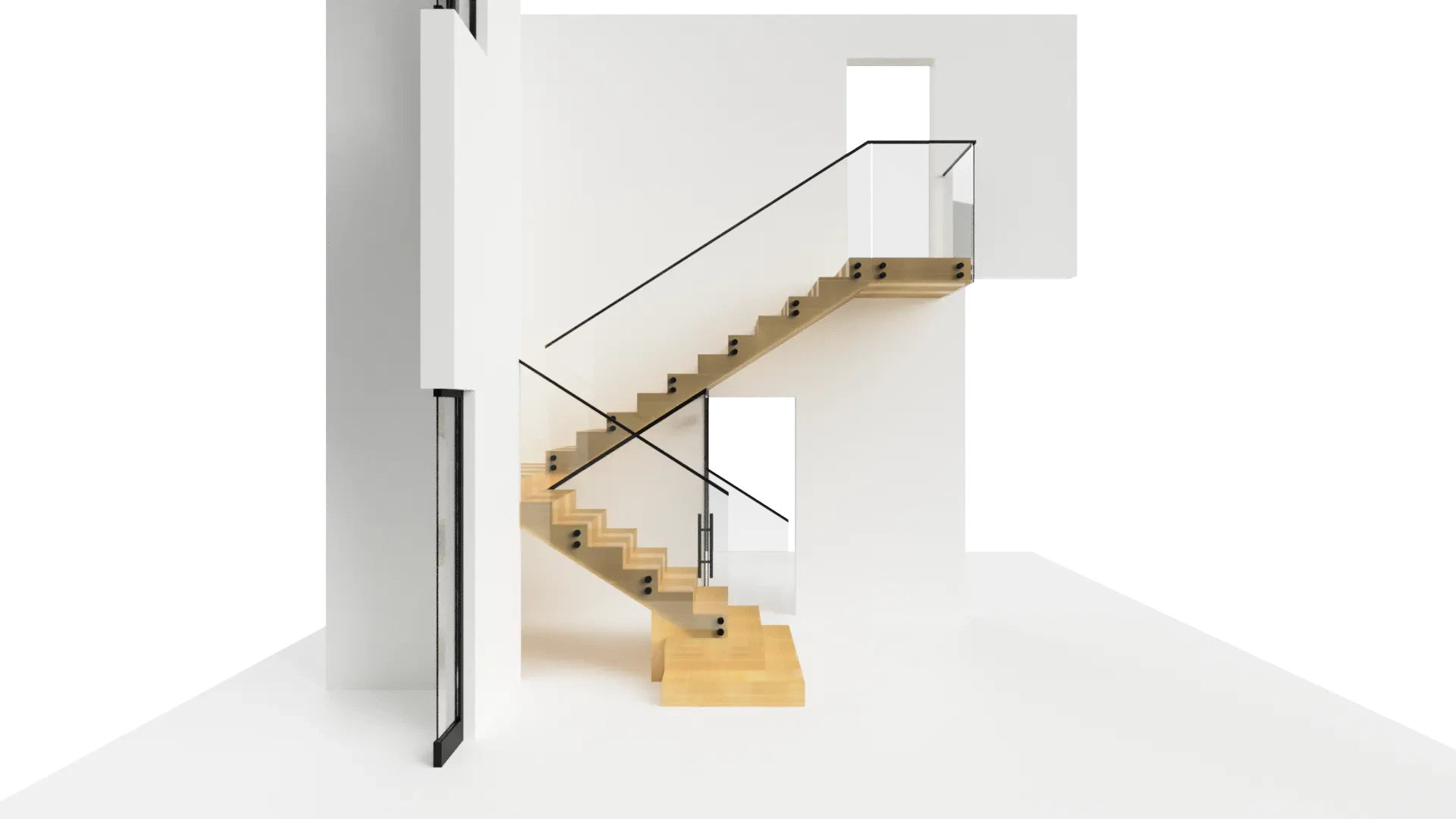 Elegant glass staircase with metal railings, perfect for contemporary home interiors.