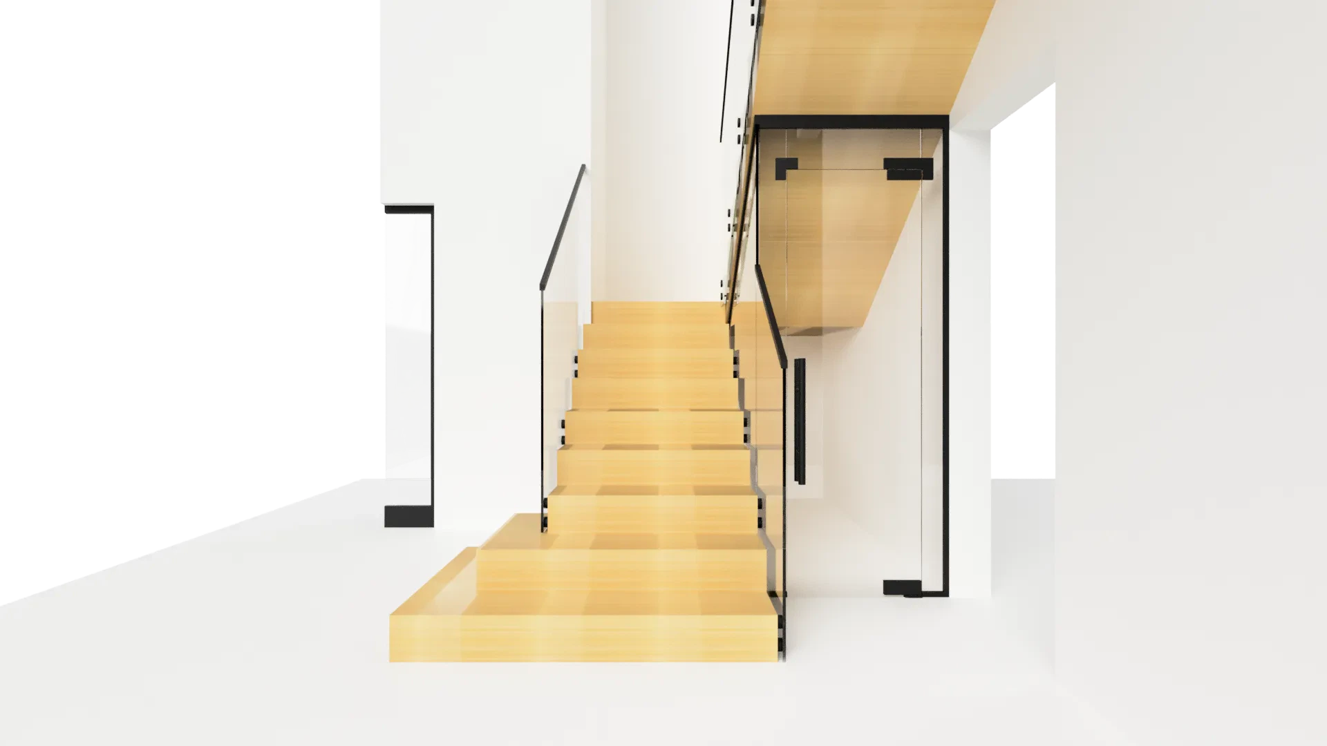 Modern staircase with glass balustrade and wooden steps. Sleek interior design with custom mirrors.