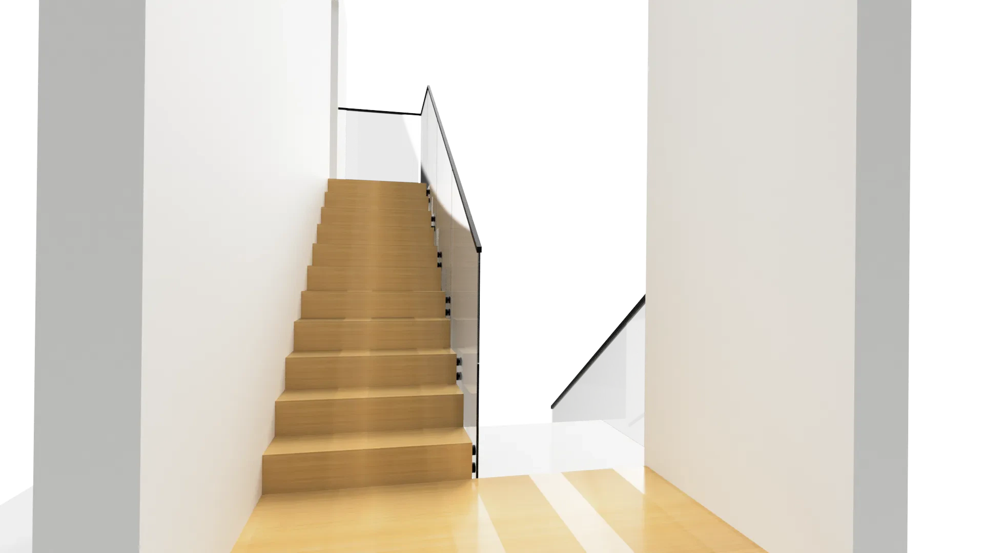 Stainless steel and glass staircase with wooden steps in contemporary home setting.