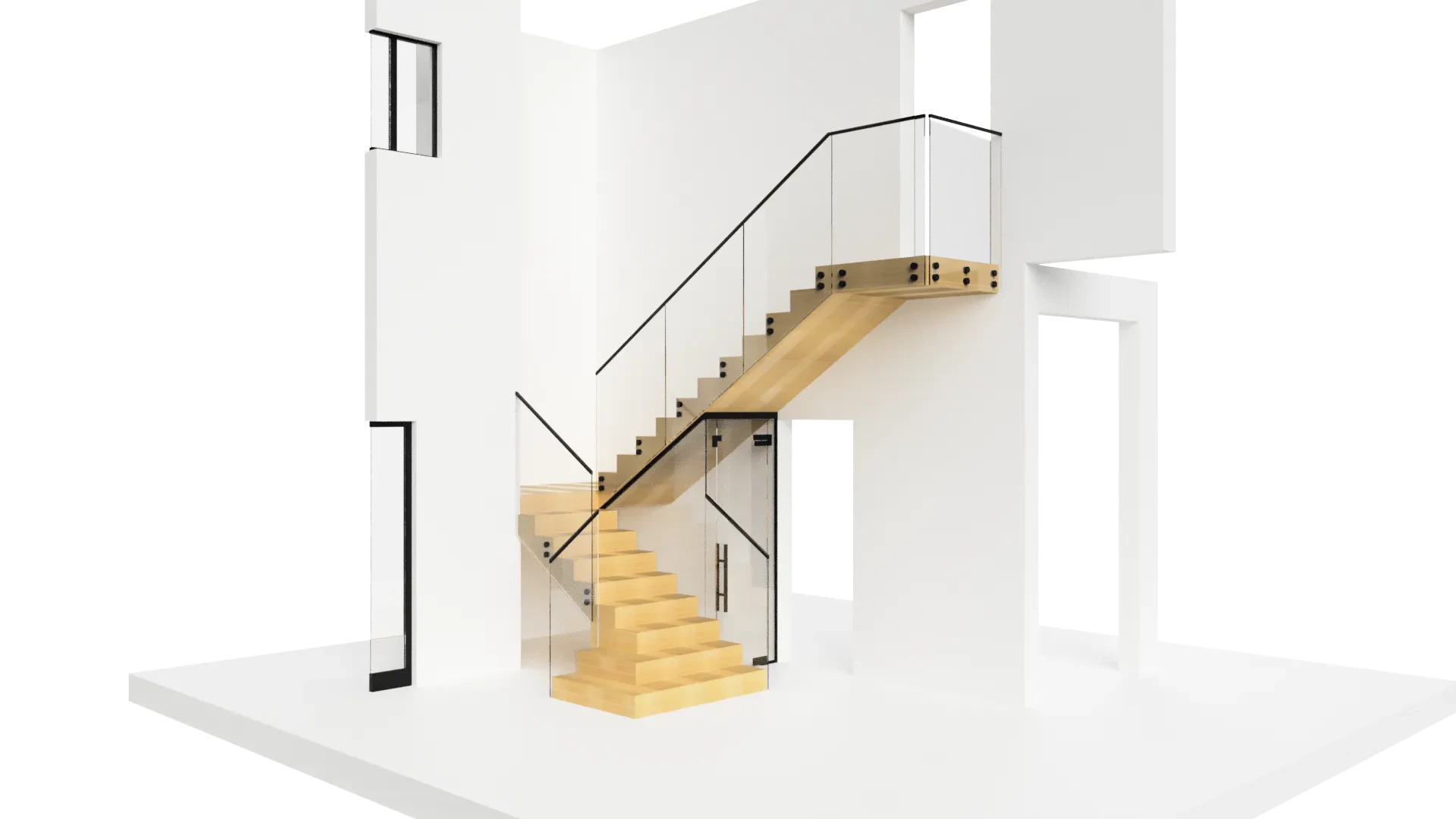 Elegant interior staircase made of crystal glass and wood with minimalist black metal railing and white walls.