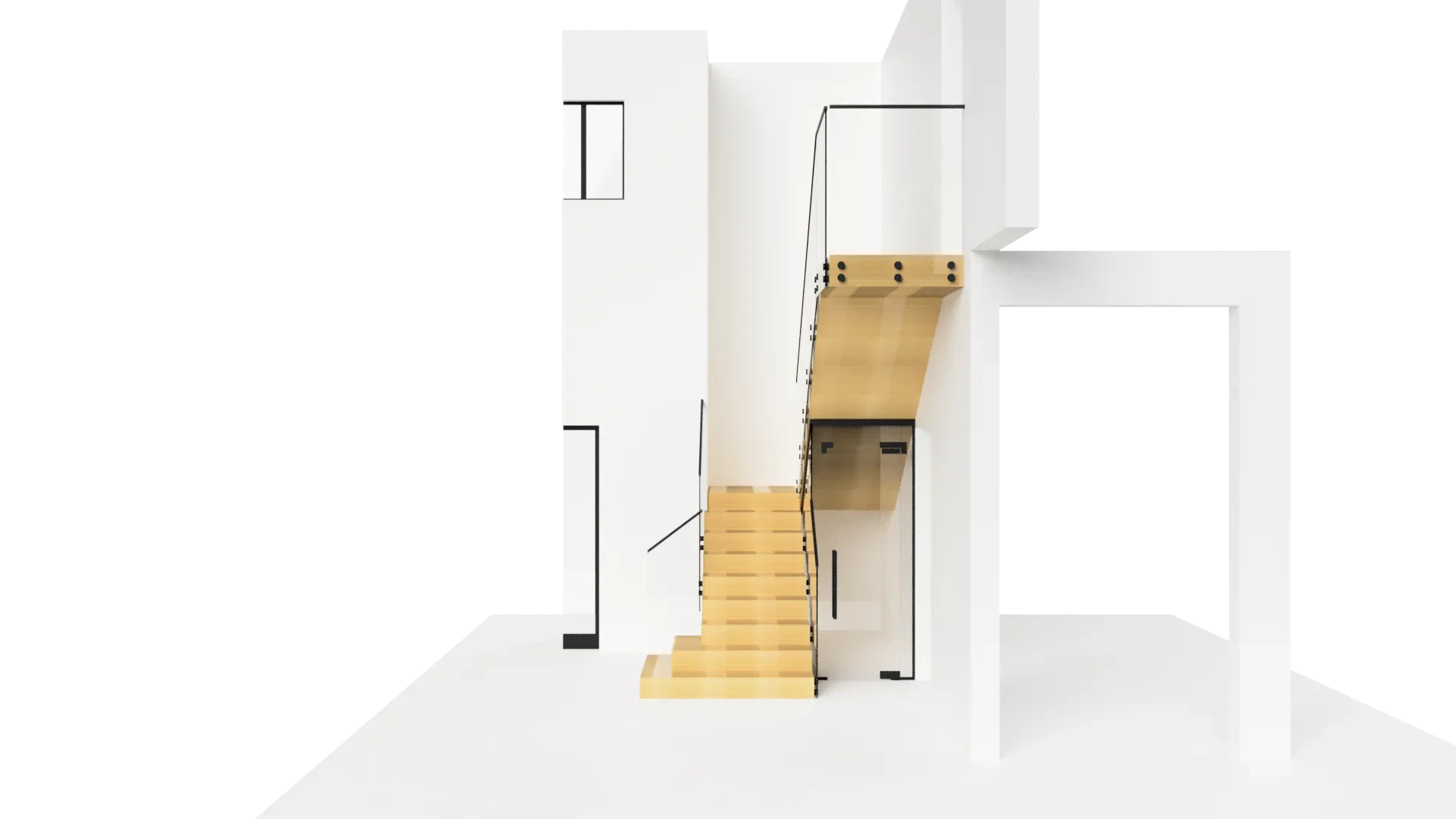 Stunning glass staircase with sleek black handrails and wooden steps in contemporary home design.