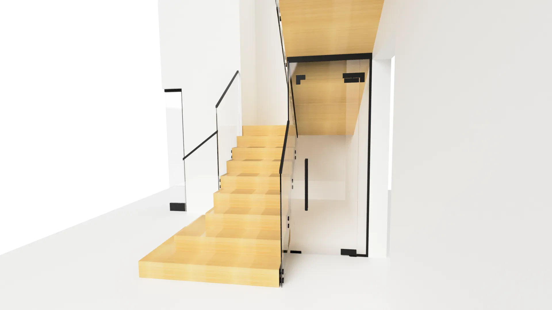 Staircase with glass panels and mirror accents, perfect for luxurious home or commercial interior design.