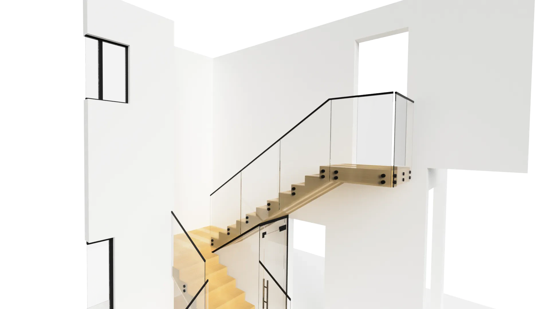 Modern glass staircase with metal railings in contemporary home decor, emphasizing elegance and transparency.