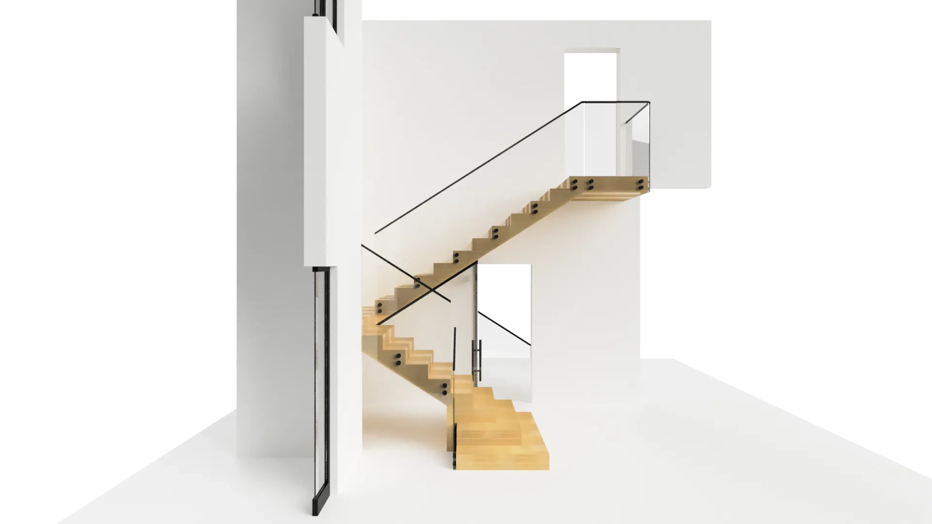 Bright and contemporary interior staircase featuring glass and wood design elements.
