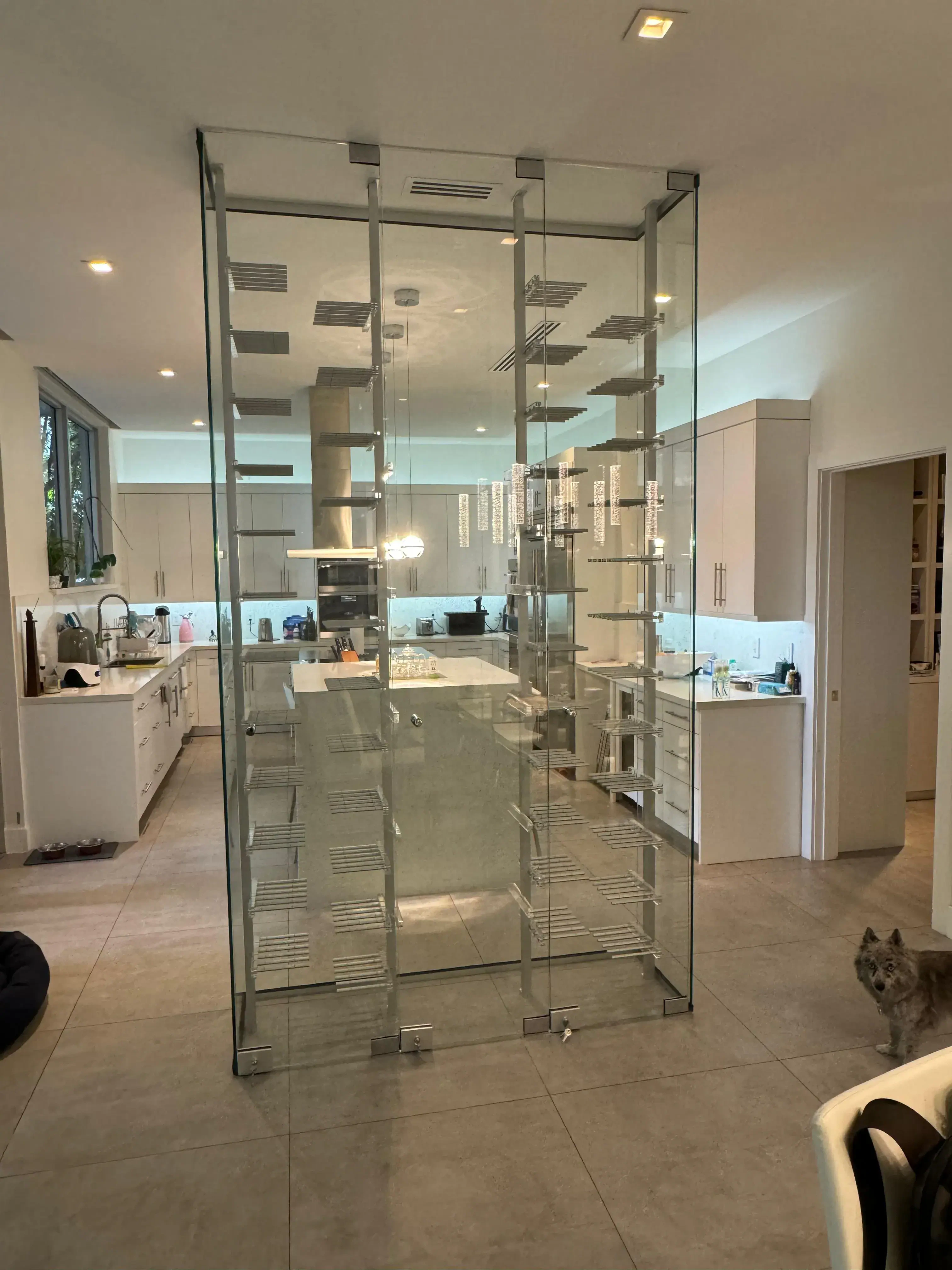 Elegant glass and metal wine storage cabinet in modern kitchen.