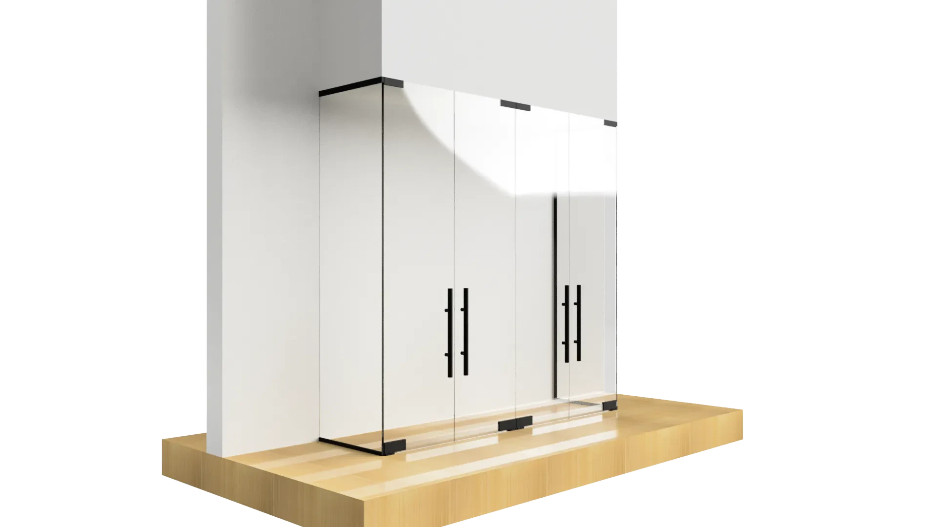 Modern glass wardrobe with sleek black handles and mirrored doors for contemporary interiors.