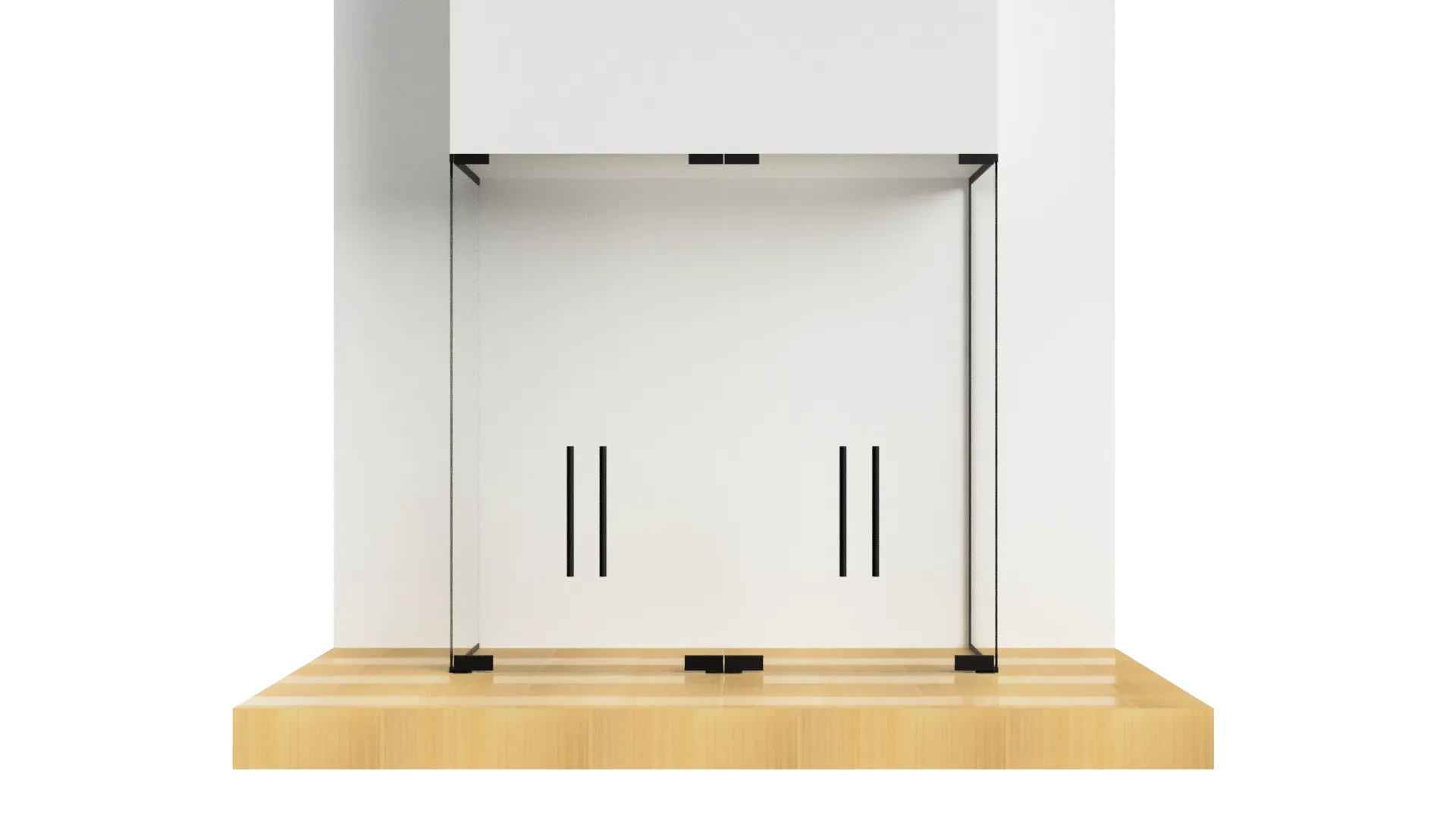 Modern glass cabinet with black handles and sleek design for stylish interiors.