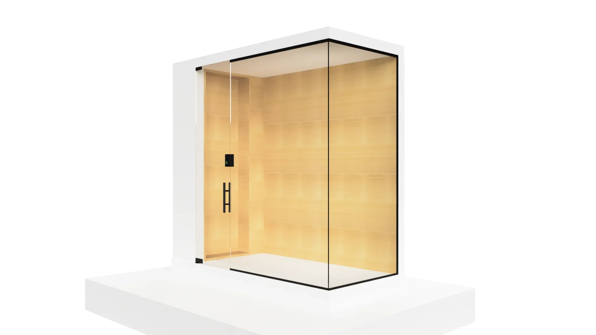 Luxurious glass elevator featuring sleek design with wooden accents and stylish black hardware.