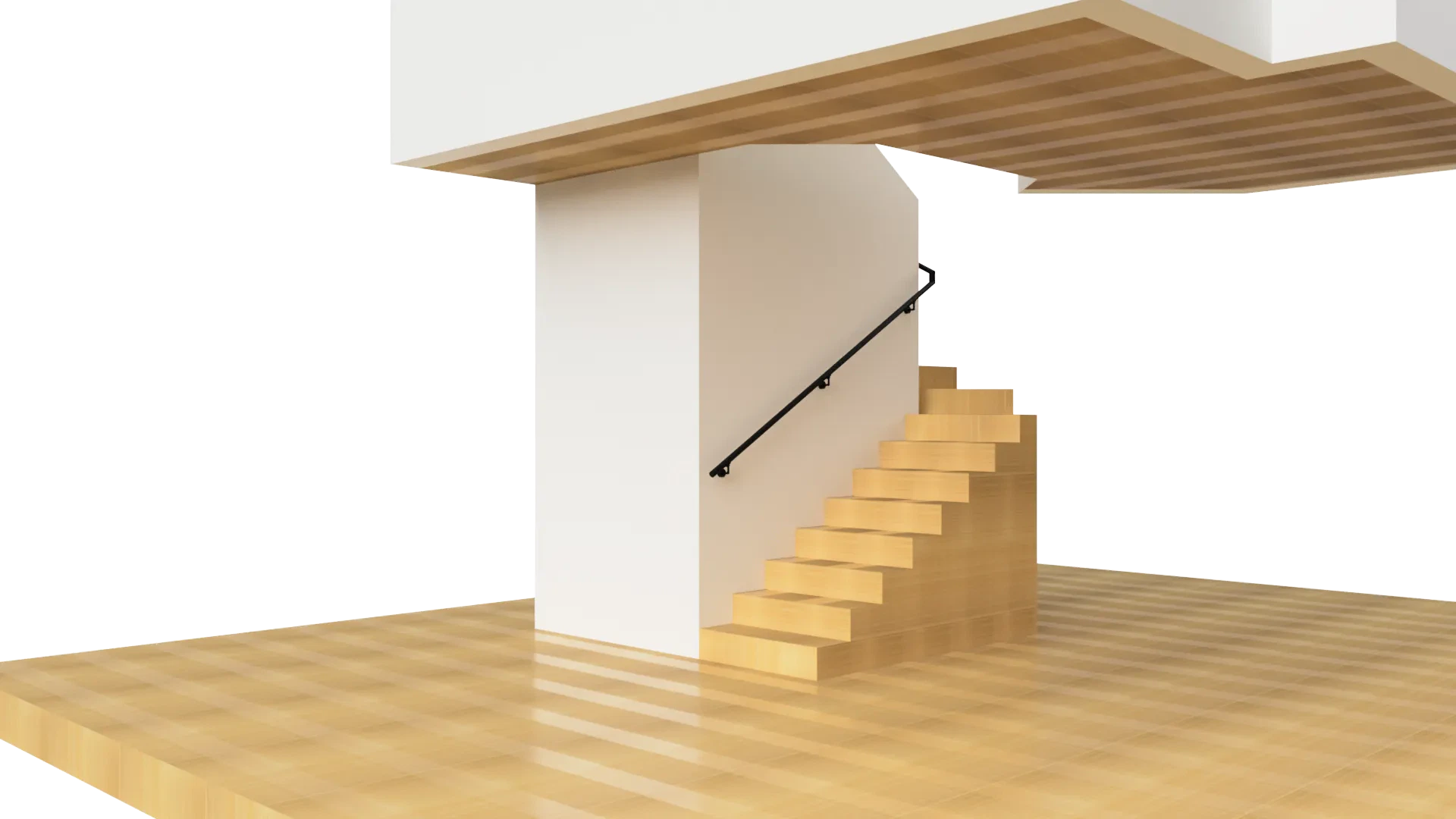Modern glass staircase with wooden steps, black rail, and minimalist style in interior space.