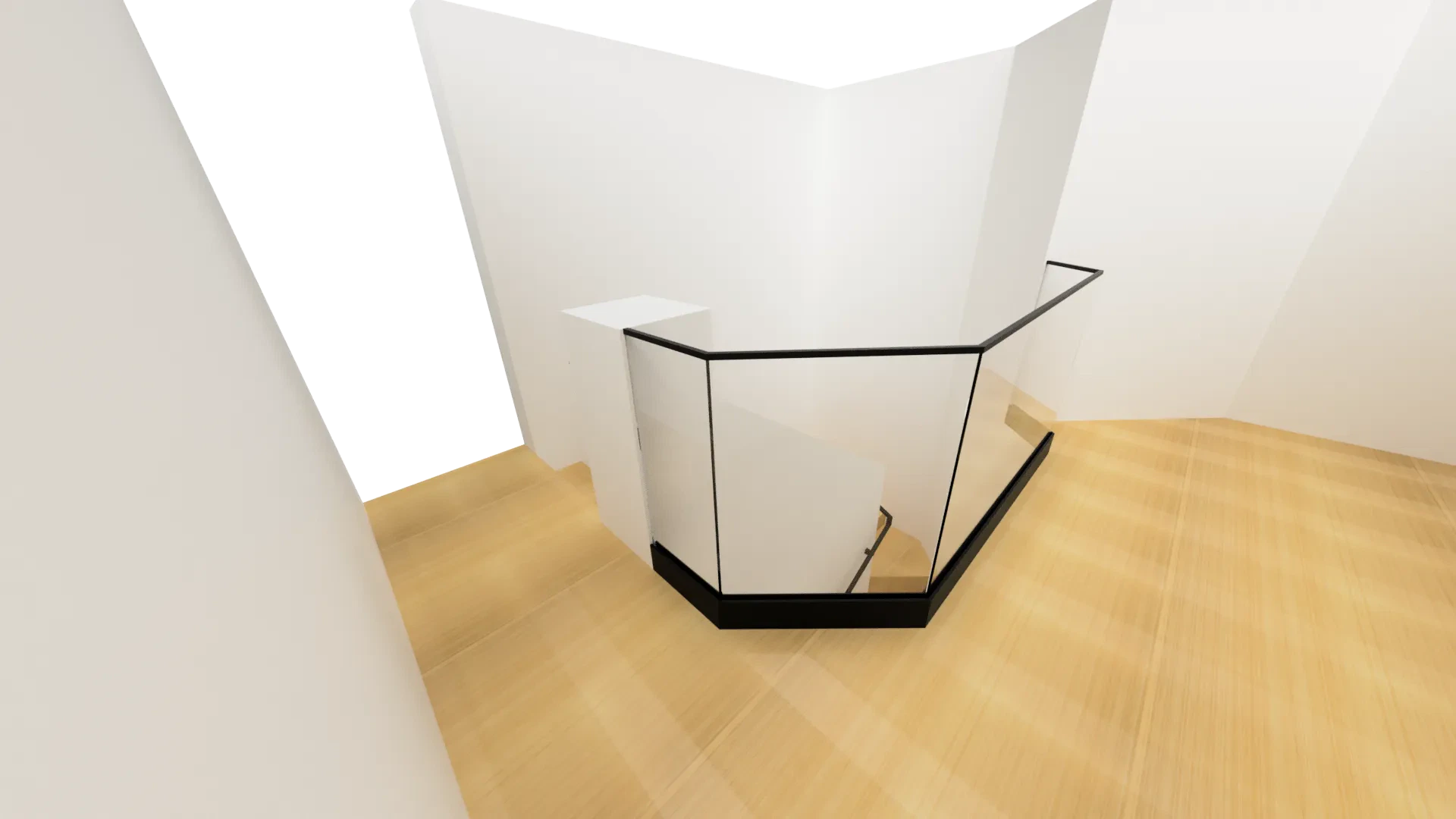 Stylish stairway with glass panels and sleek black handrails, highlighting custom glass and mirror installations.