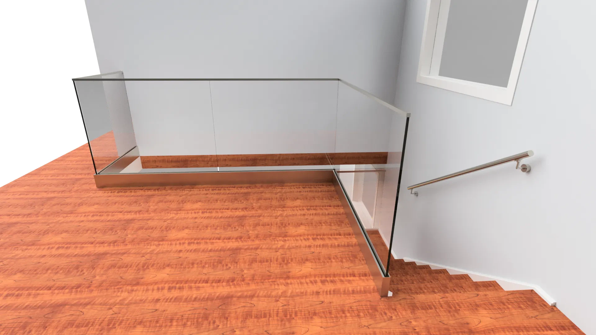 Deluxe glass stair railing with stainless steel handrail for modern interiors. Enhances safety and aesthetics.
