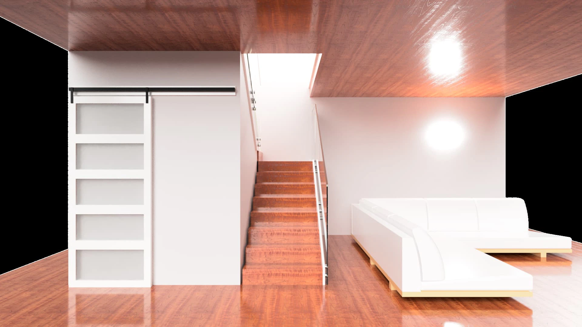Modern interior with crystal glass mirror and wooden staircase, showcasing elegance and craftsmanship.