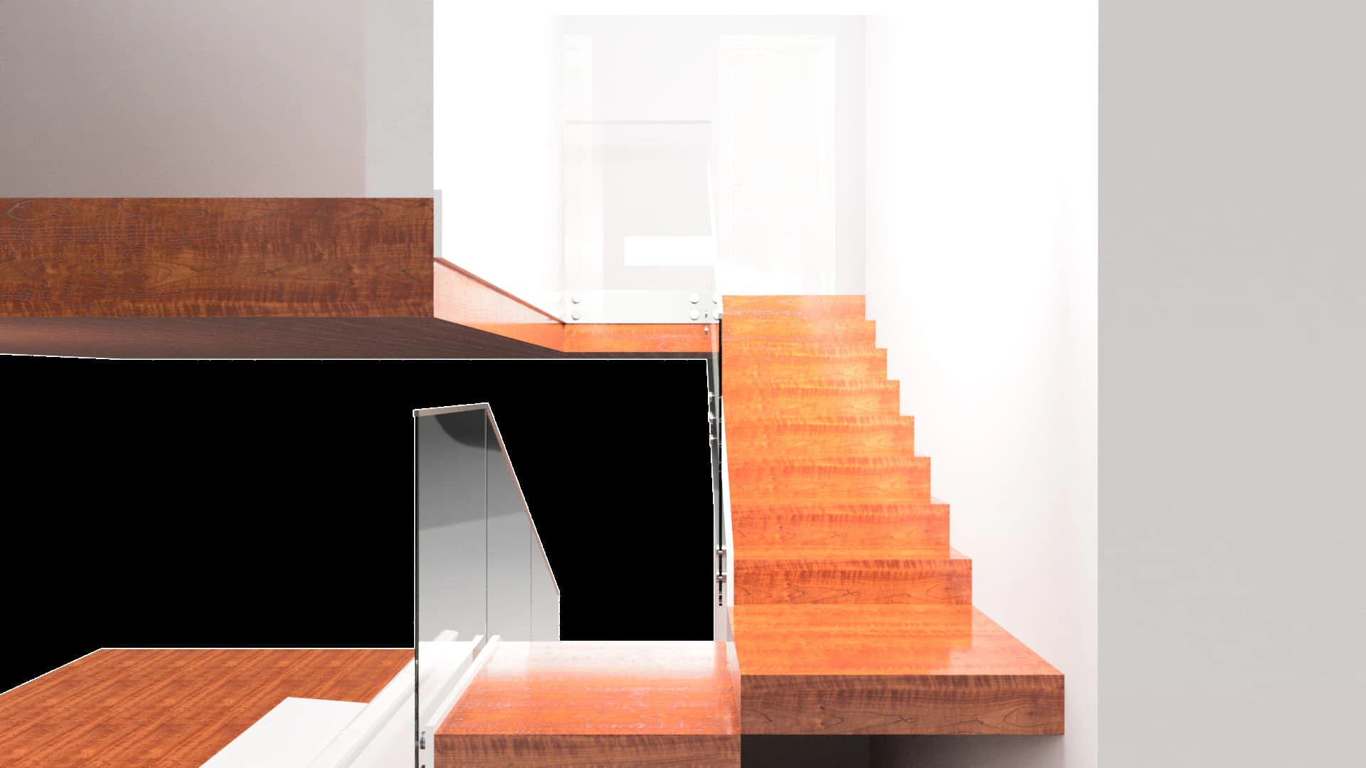 Staircase with wooden steps and glass railing, modern interior design emphasizing glass and wood finishes.