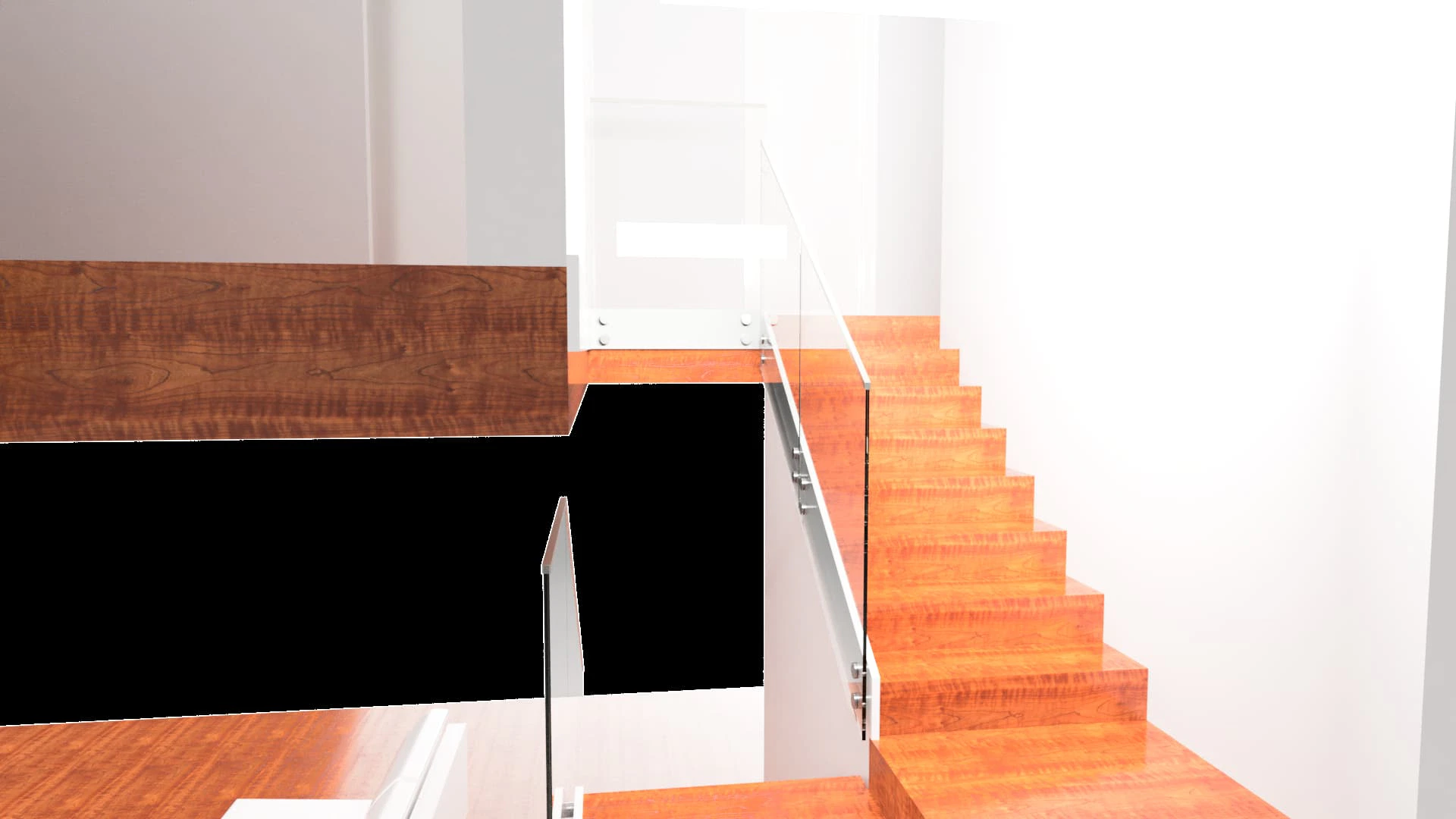 Staircase featuring clear glass railing with wooden handrail and steps, adding style and safety in interior design.