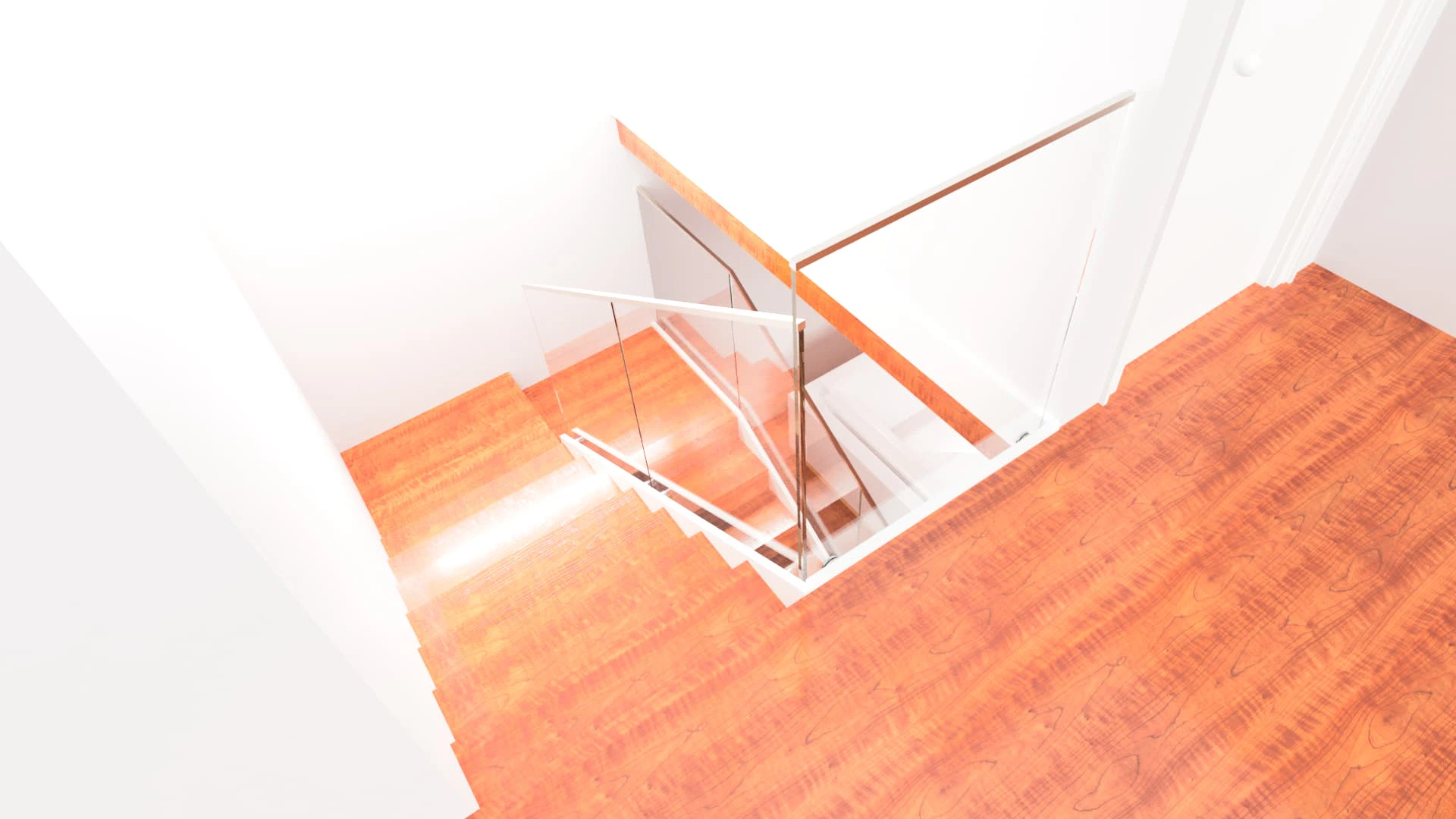 Elegant glass and wooden staircase at A Crystal Glass & Mirror showroom.