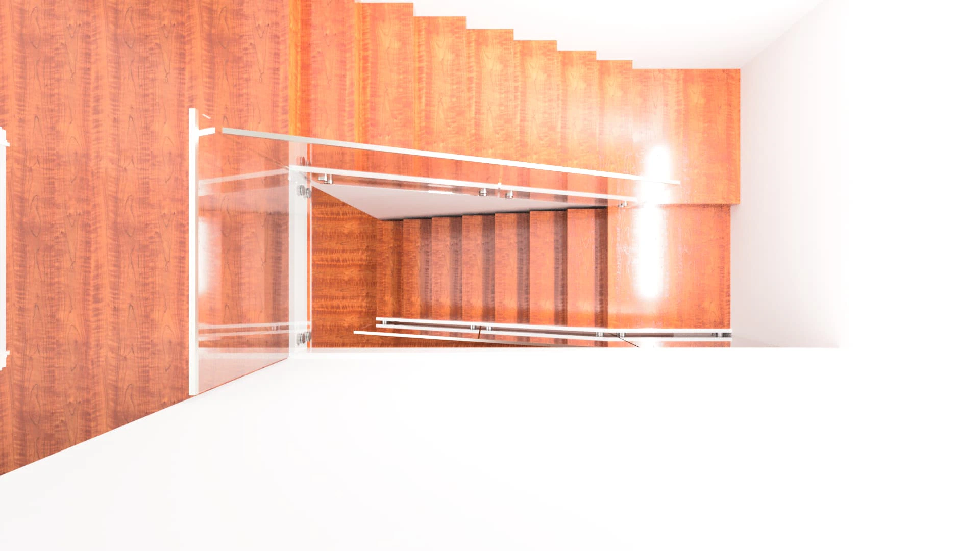 Stunning glass staircase with sleek metal railings and rich wooden floors, perfect for modern home designs.