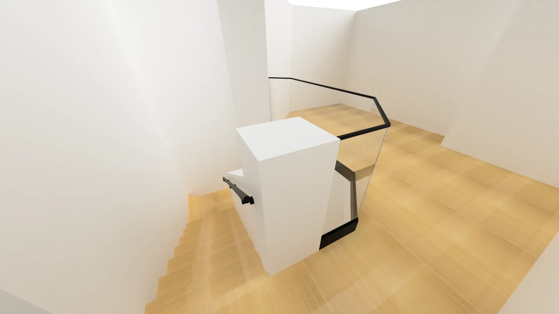 Modern glass staircase with black handrails and wood steps, enhancing home or office decor.