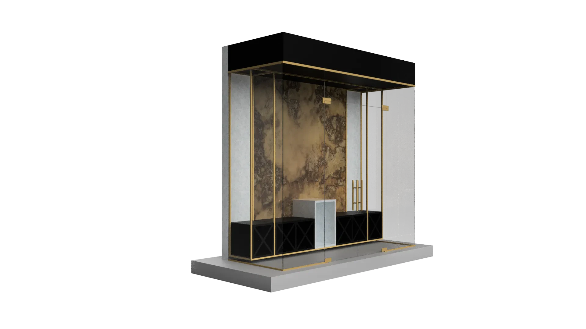 Luxury glass display, mirror, and cabinet with gold trim for upscale interiors.