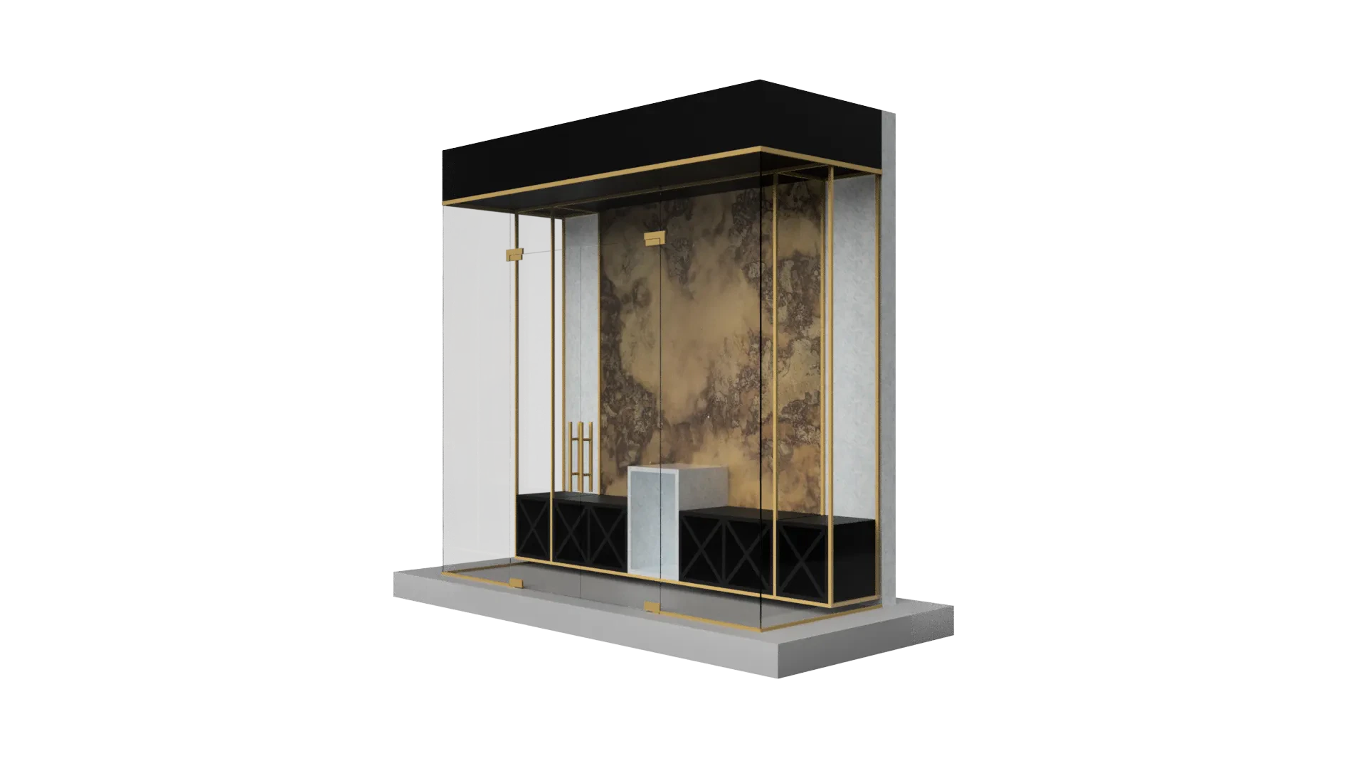 Glass mirror display with black and gold frame, modern design, showcasing quality craftsmanship.
