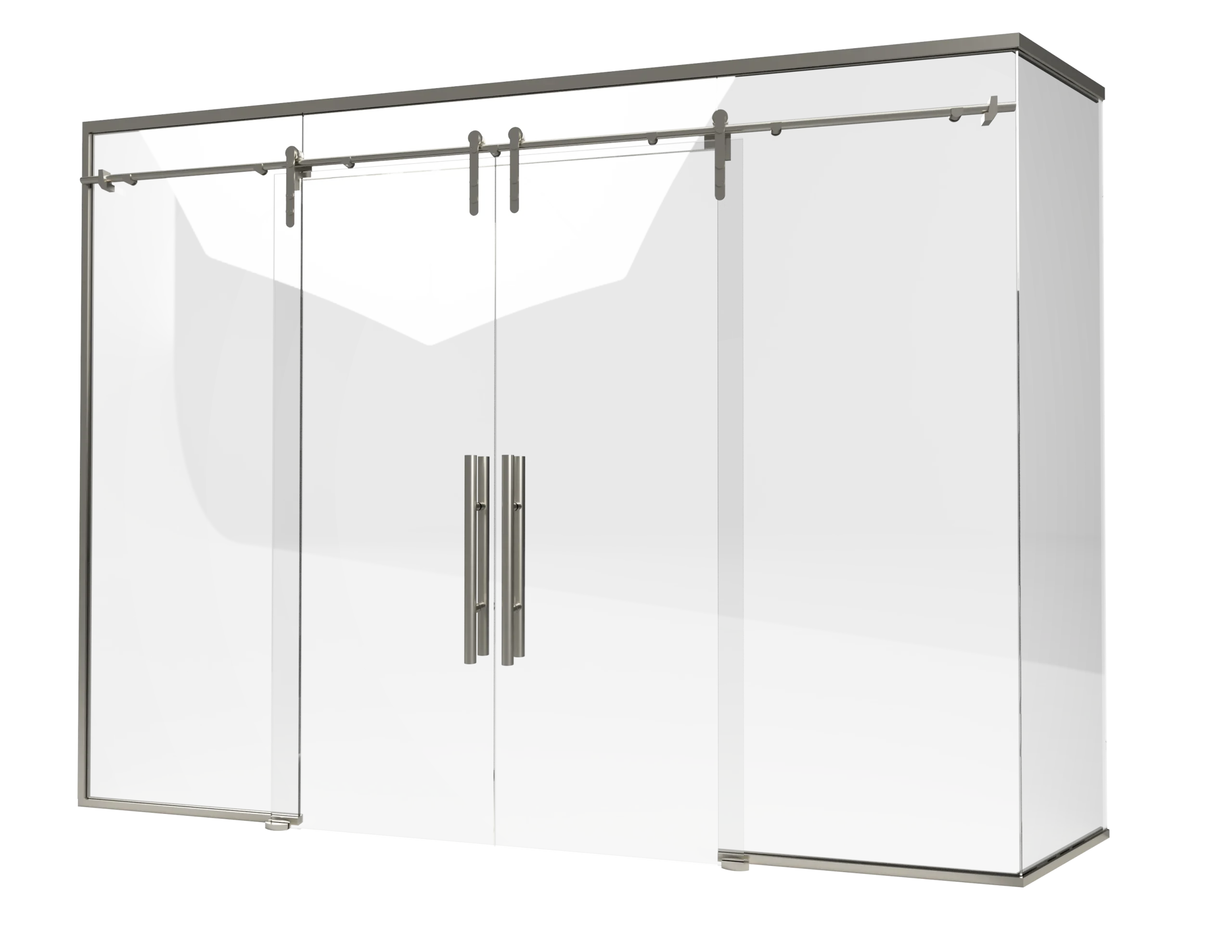 Elegant stainless steel mirror cabinet with glass doors and handles.