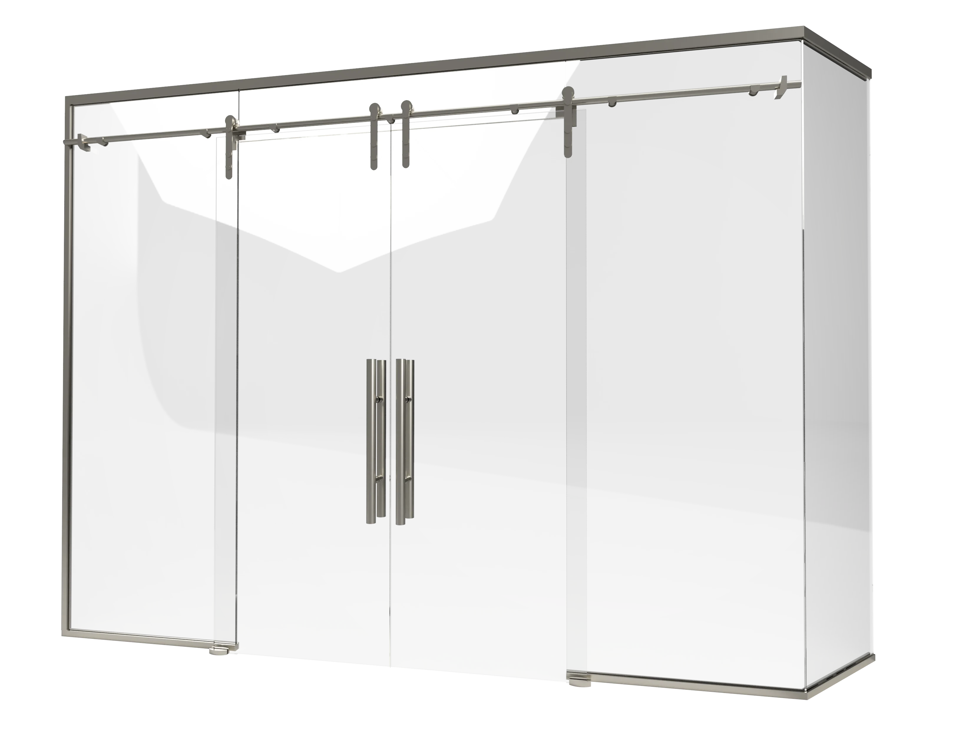 Elegant stainless steel mirror cabinet with glass doors and handles.