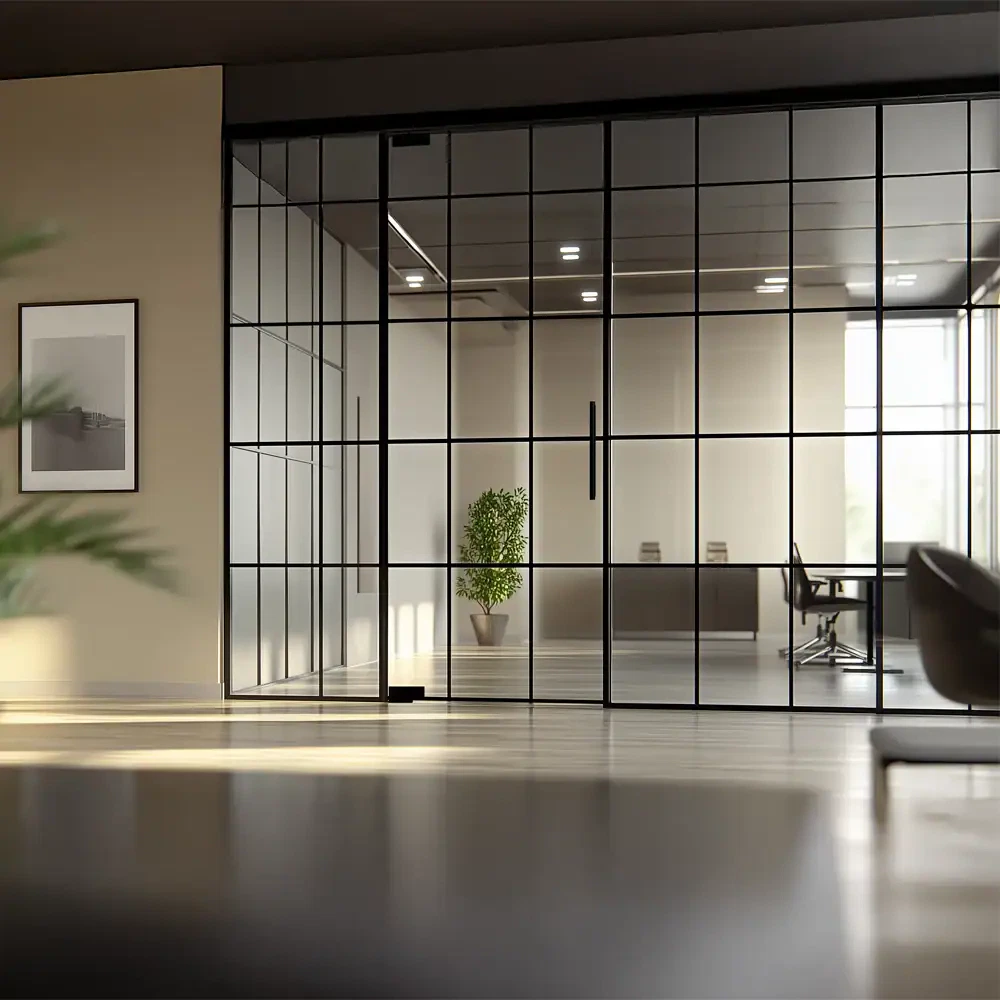 Elegant glass office door with black metal grid accents, modern and stylish for professional spaces.
