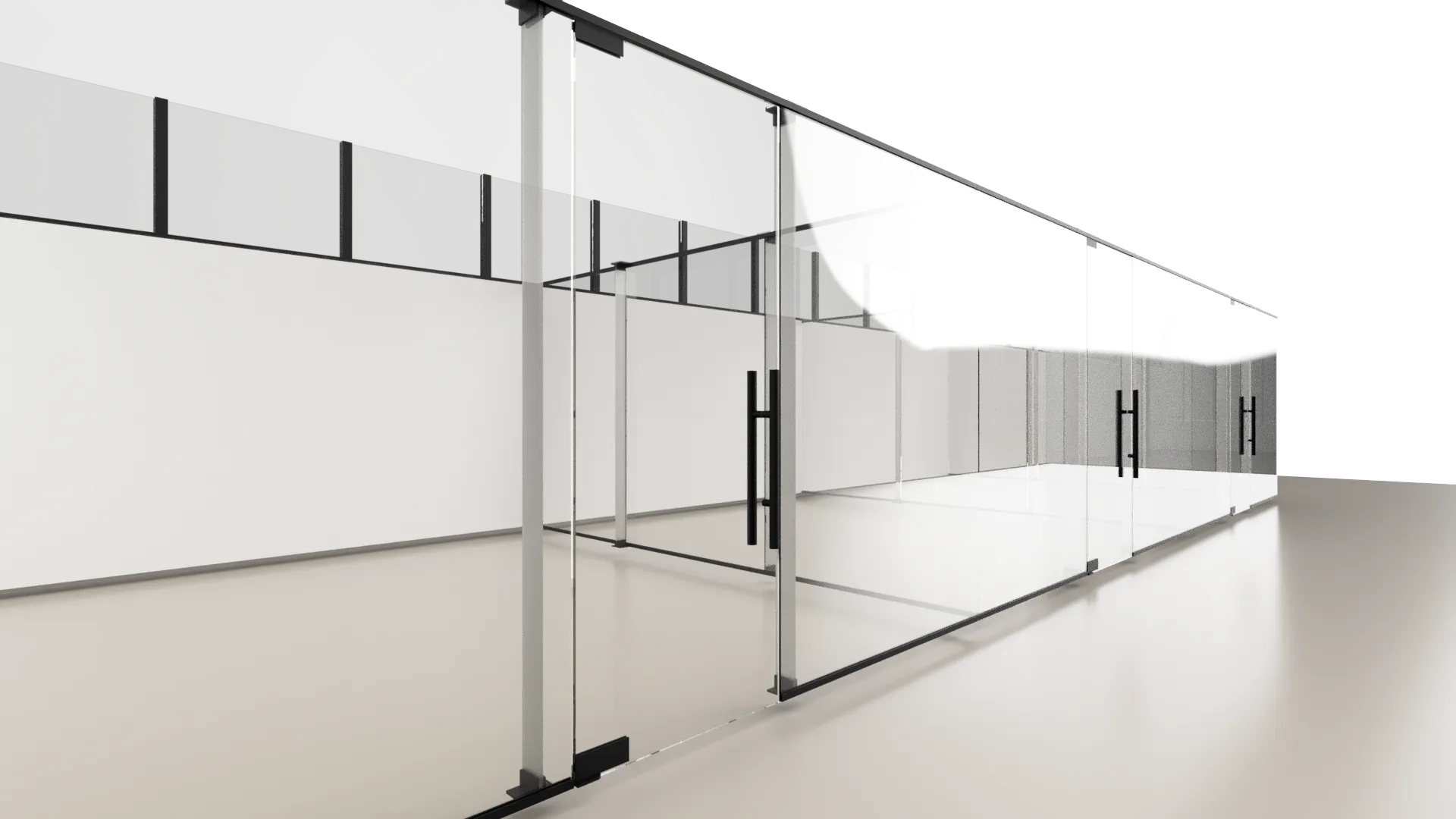 Modern glass and mirror entrance featuring sleek black handles and minimalist style.