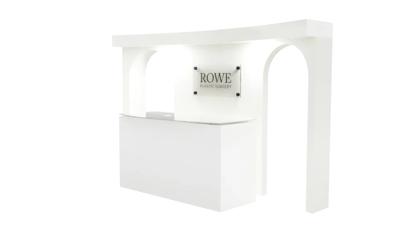 Elegant white crystal glass and mirror reception desk for medical or office spaces.