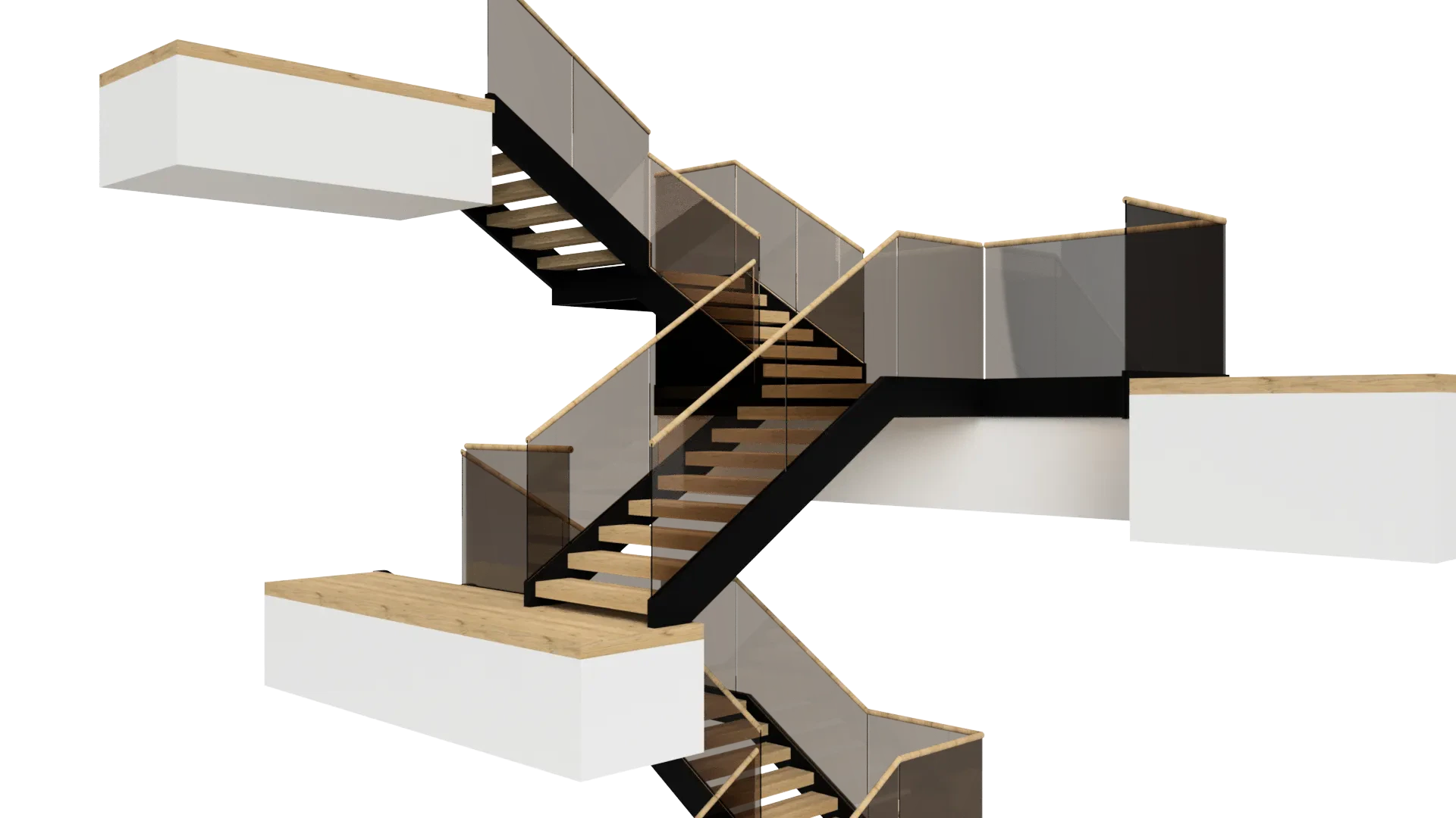 Modern glass staircase with sleek mirrors and wooden handrails for upscale interiors.