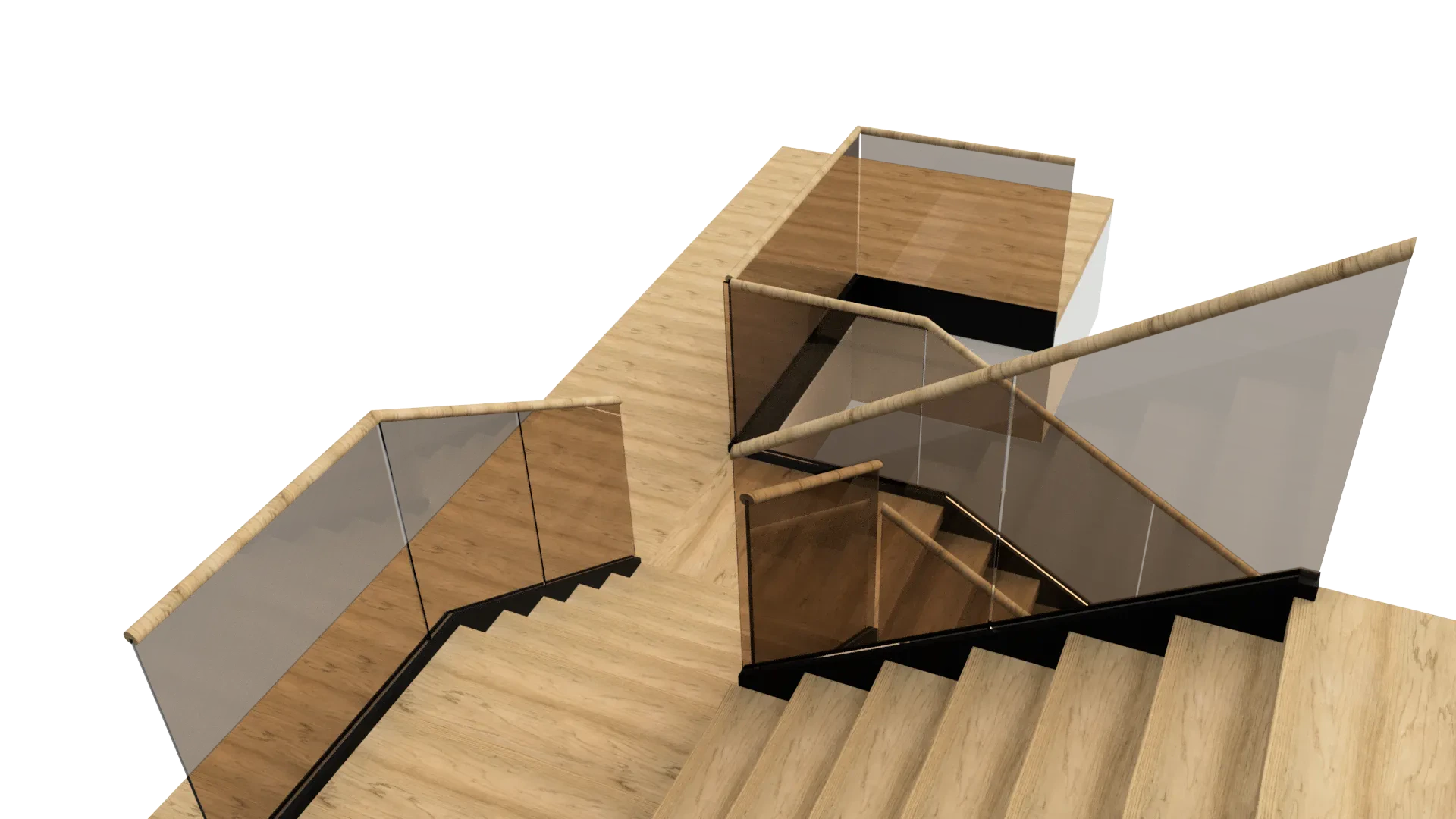 Staircase featuring glass panels, wooden handrails, and sleek design for contemporary interiors.