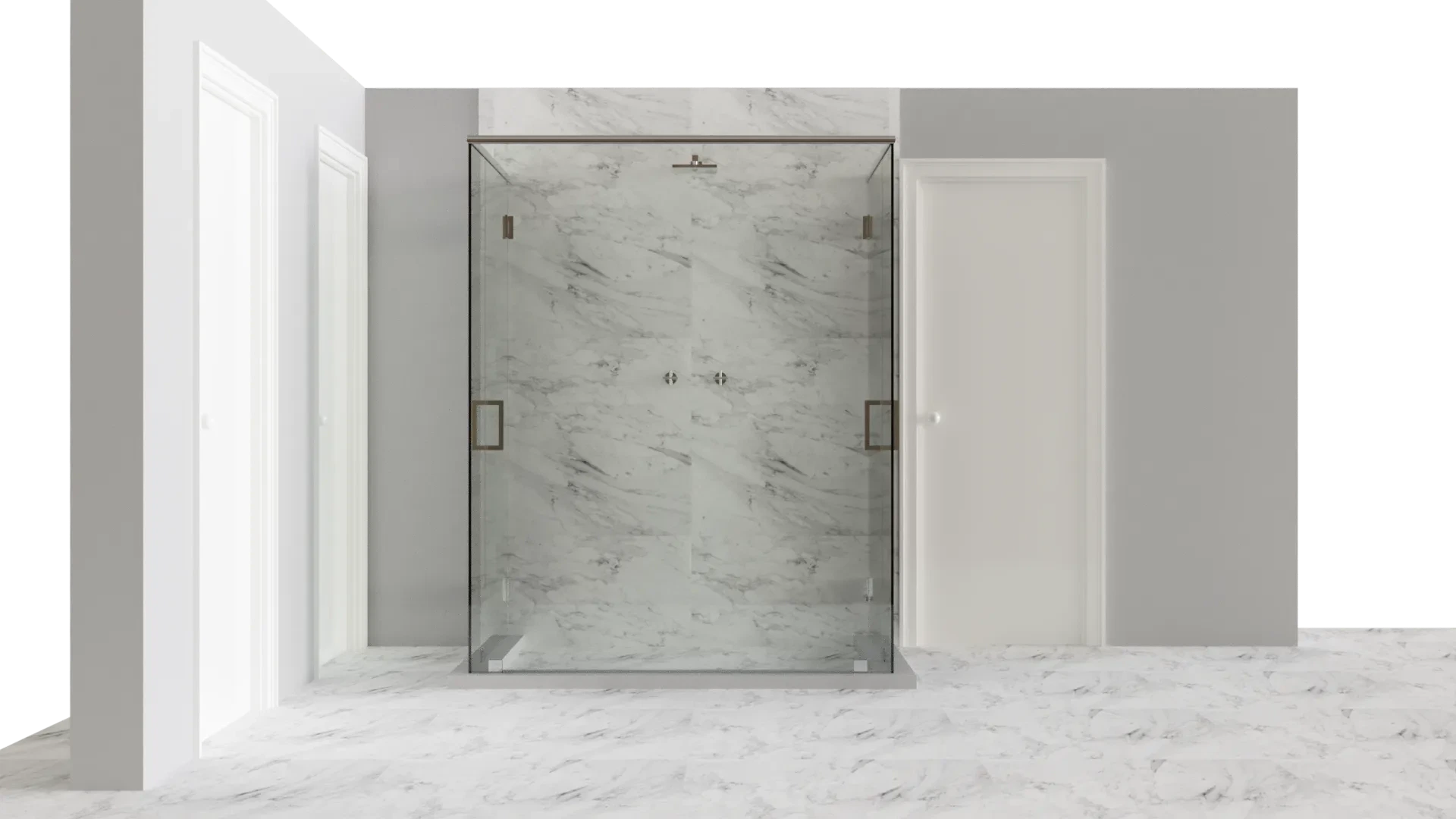 Elegant glass shower door with marble wall, sleek modern bathroom design.
