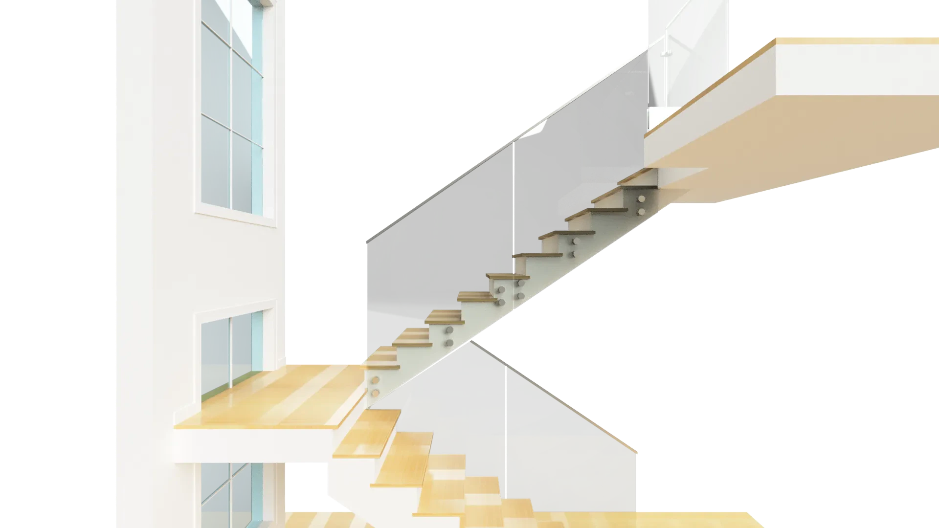Stainless glass staircase with wooden steps, home interior decor, contemporary design.