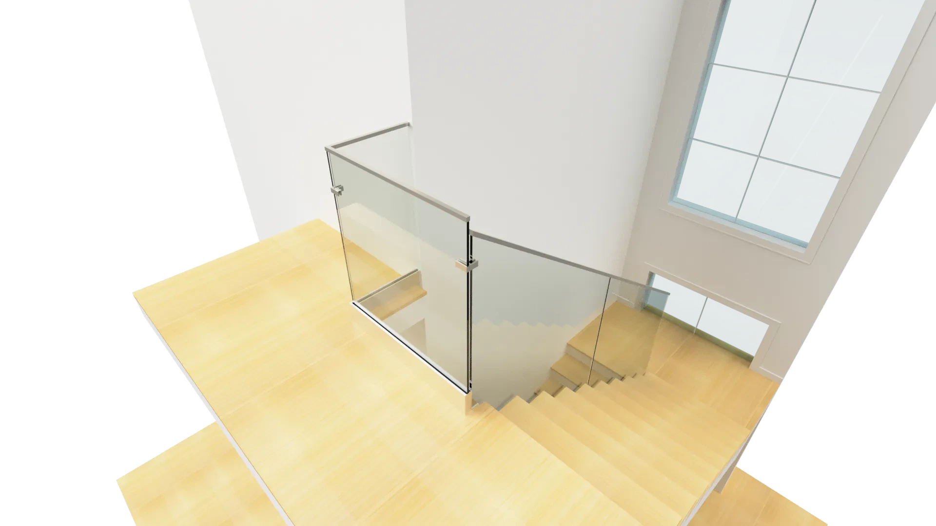 Elegant frameless glass staircase railing with wooden handrail.