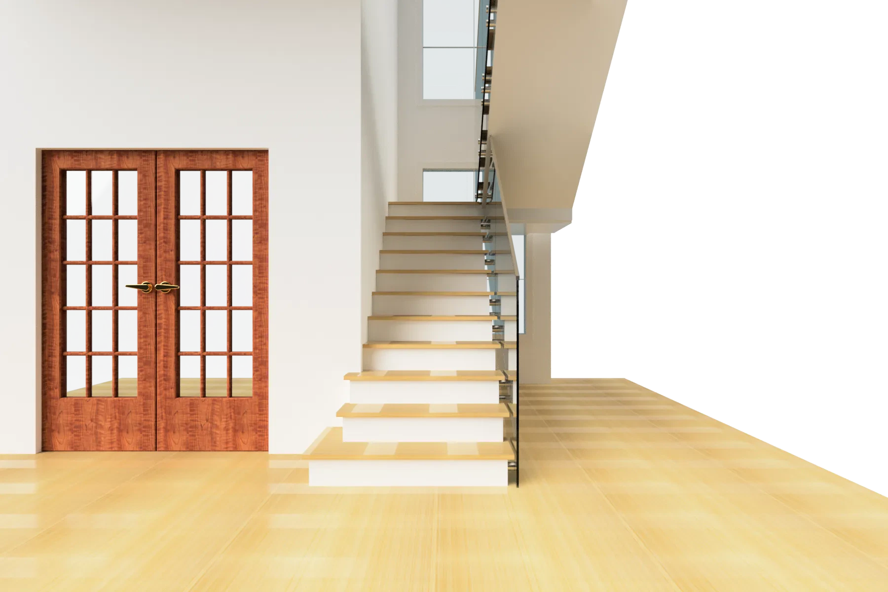 Elegant interior glass staircase and wooden double doors with glass panels.