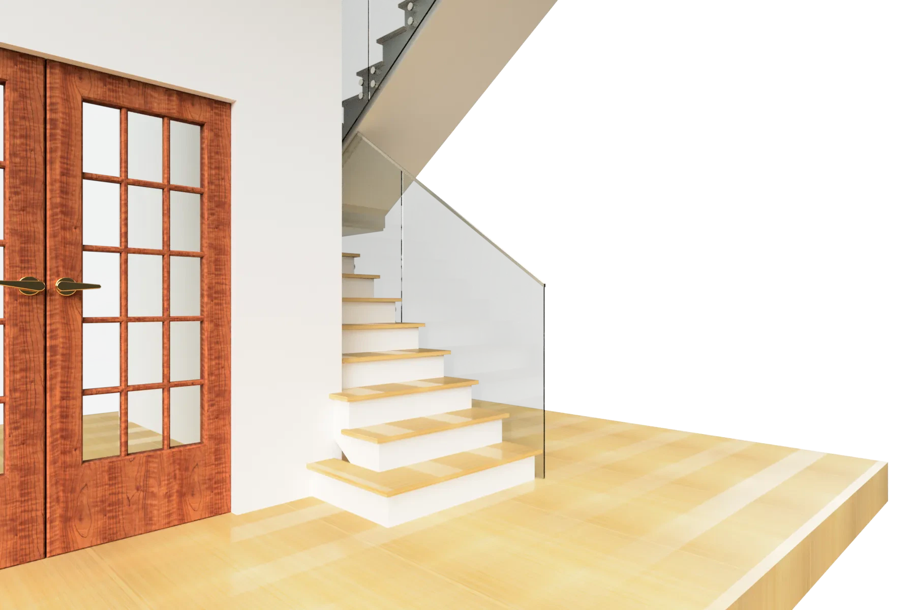 Modern interior featuring custom glass staircase, mirror panels, and stylish wooden door accents.